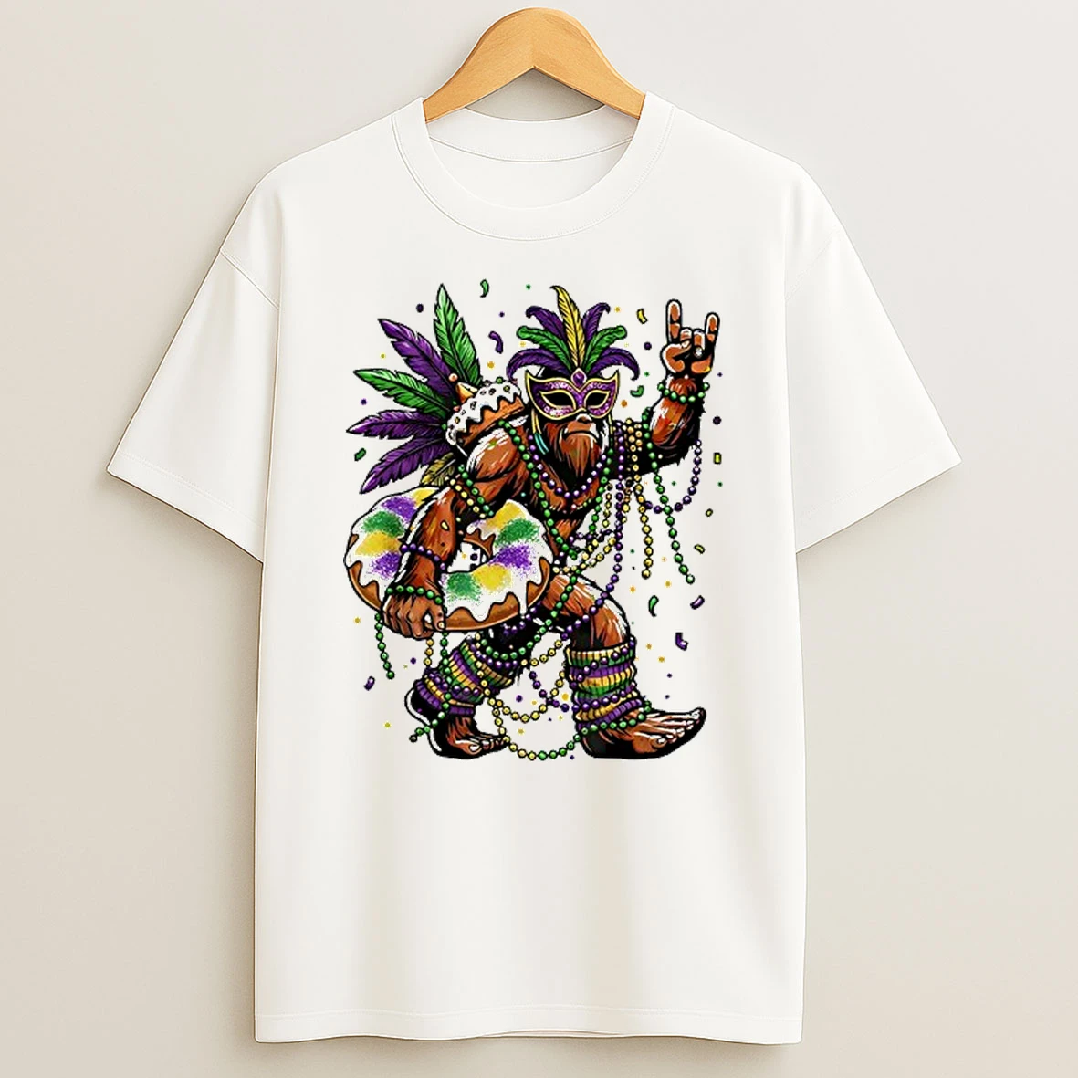 Mardi Gras X Bigfoot King Rock And Roll Hand Cake Donut Melting T Shirt