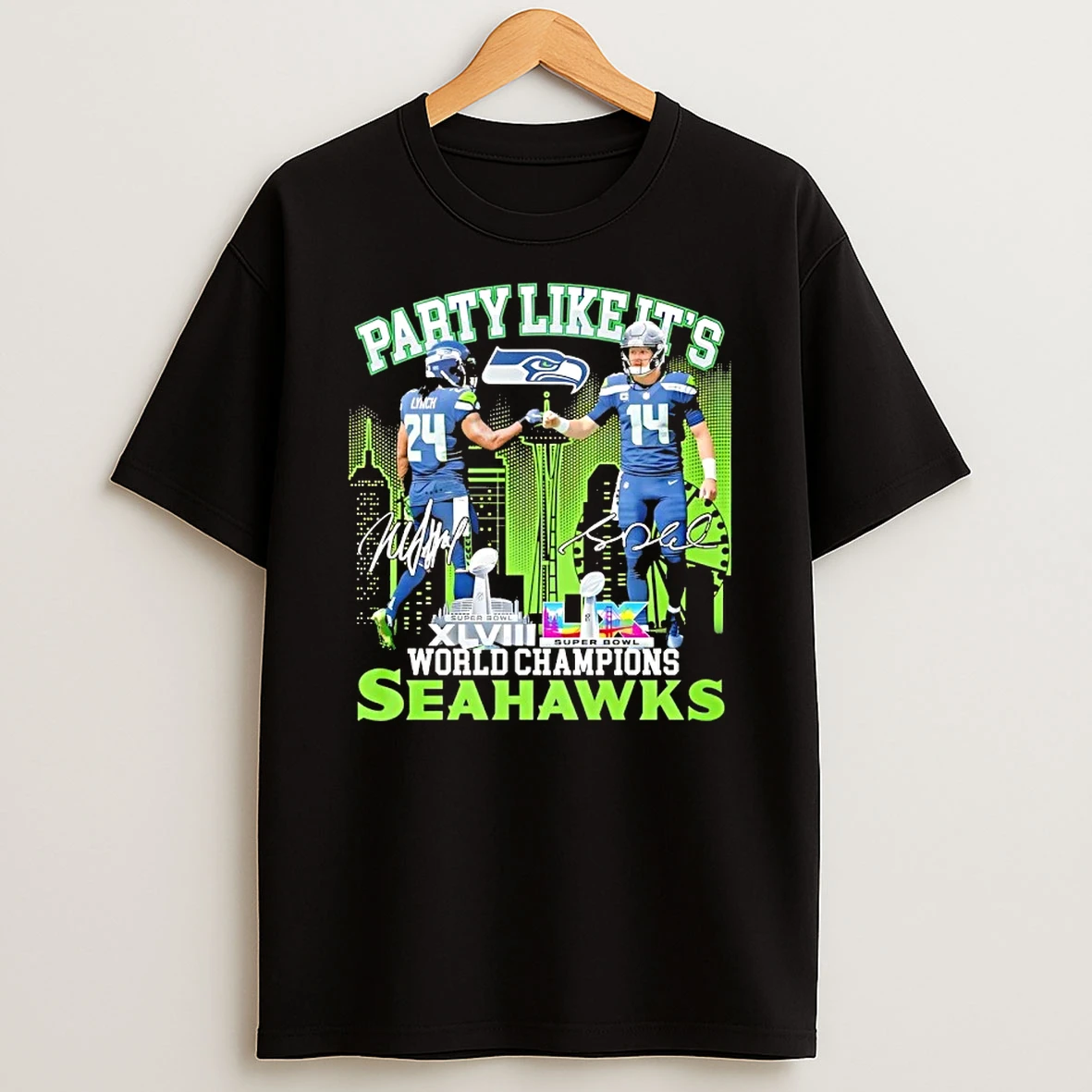 Marshawn Lynch Fist Bump Sam Darnold Seattle Seahawks Party Like Its World Champions Signatures T Shirt