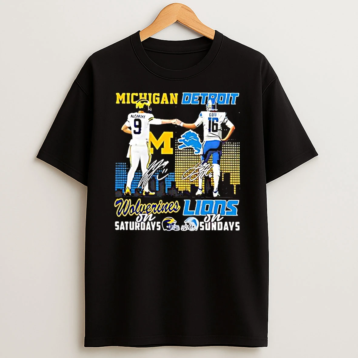 Michigan Wolverines On Saturdays Detroit Lions On Sundays Players First Bump T Shirt