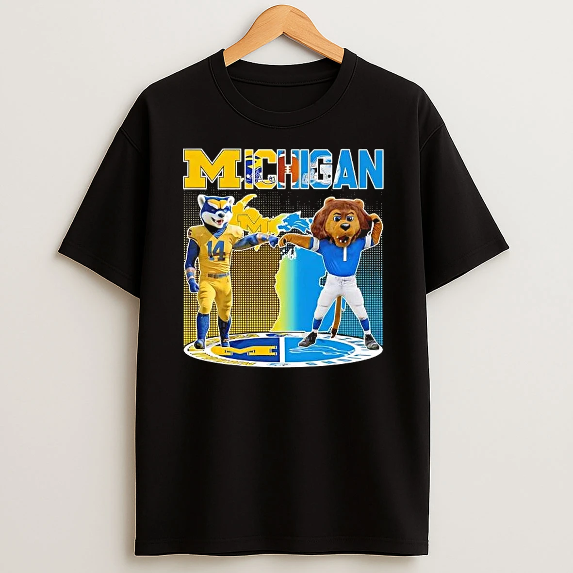 Michigan Wolverines Fist Bump Detroit Lions Football Mascot T Shirt