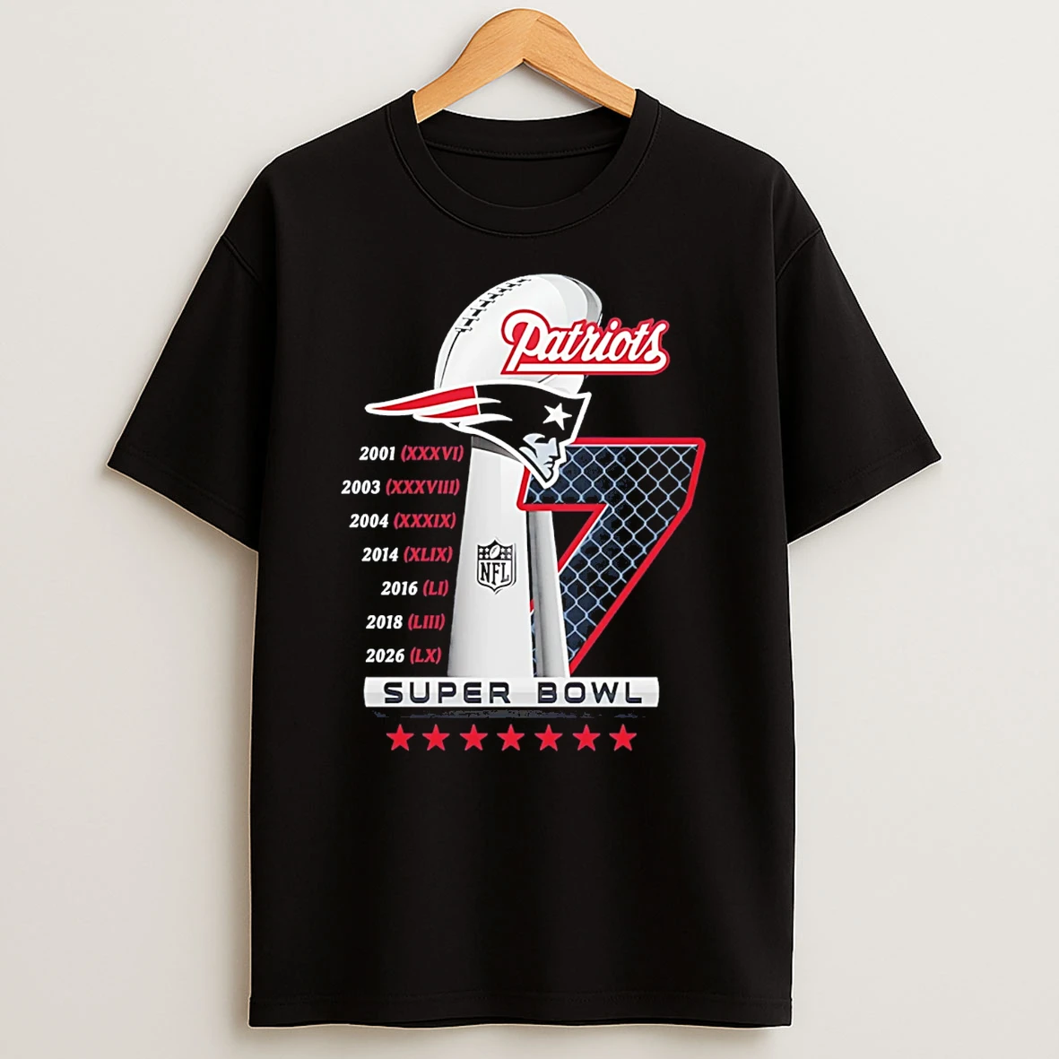 Ne Patriots 7x Super Bowl Champions 01 03 04 14 16 18 26 T Shirt