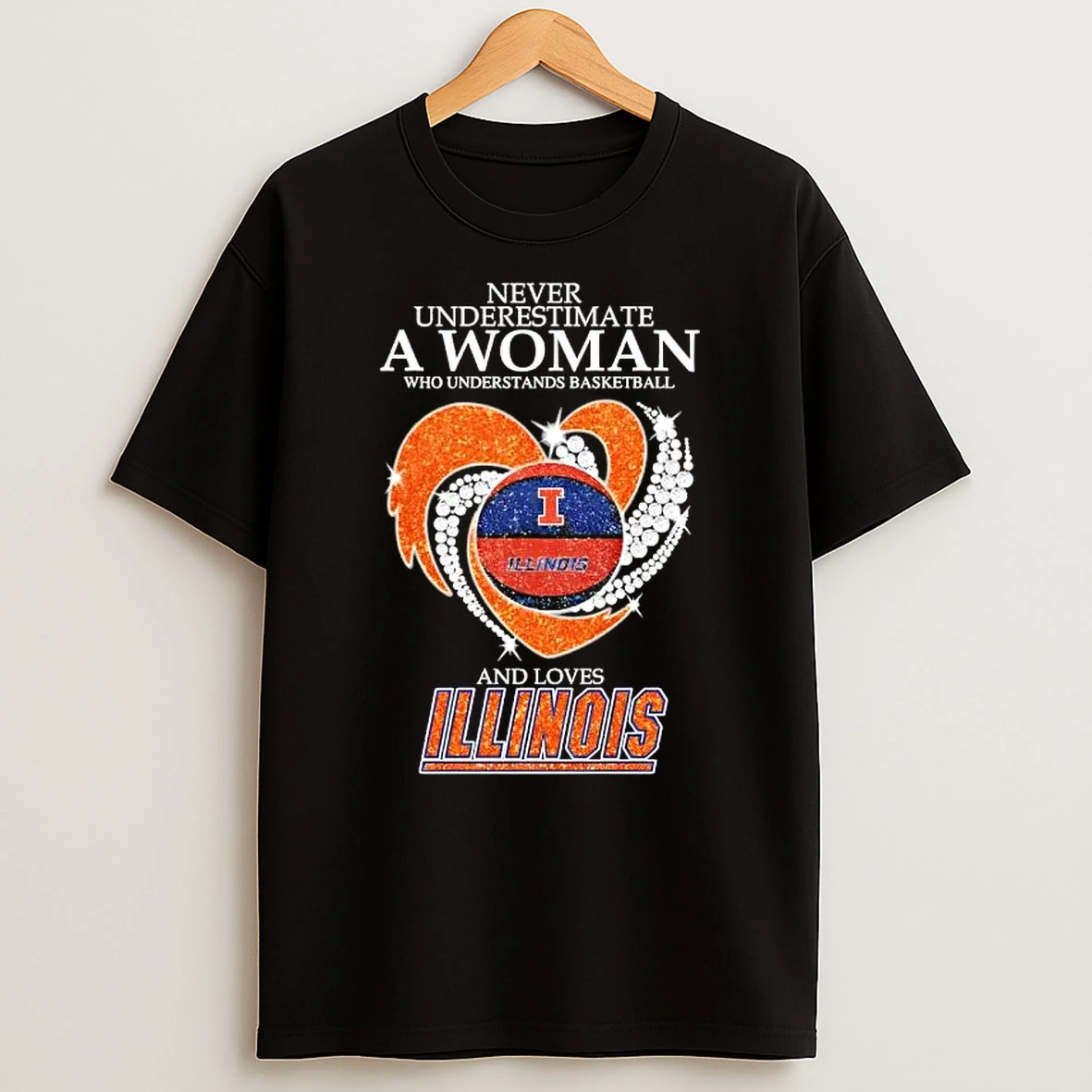 Never Underestimate A Woman Who Understands Basketball And Loves Illinois Fighting Illini Glitter Heart T Shirt