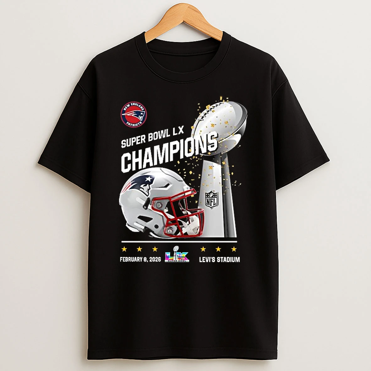 New England Patriots 2026 Super Bowl Lx Champions Levis Stadium Trophy T Shirt