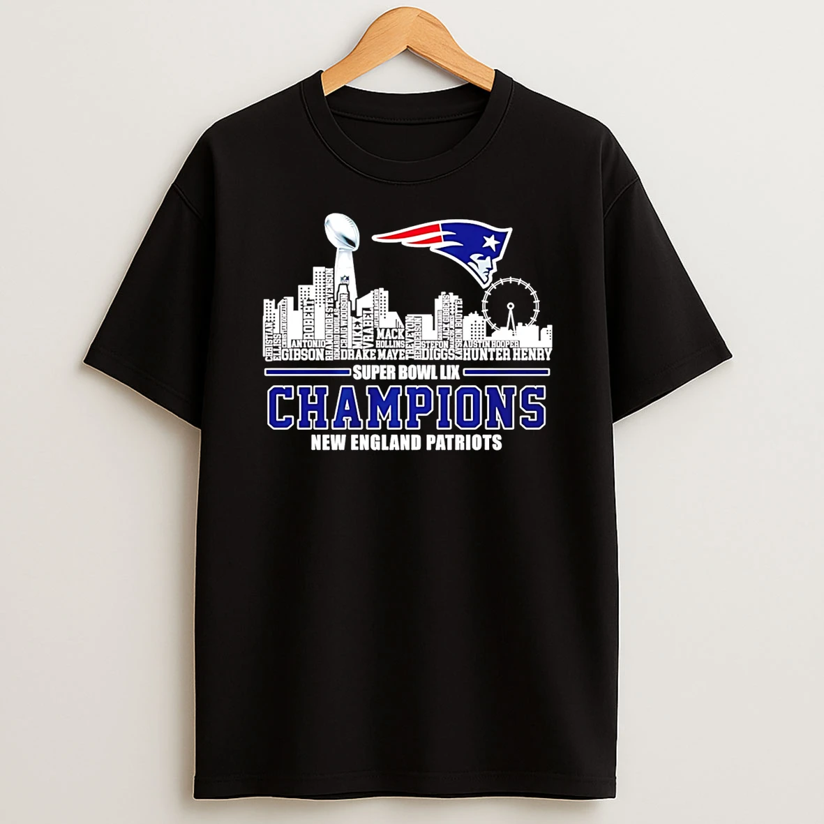 New England Patriots Super Bowl Lx Champions Names City Skyline T Shirt