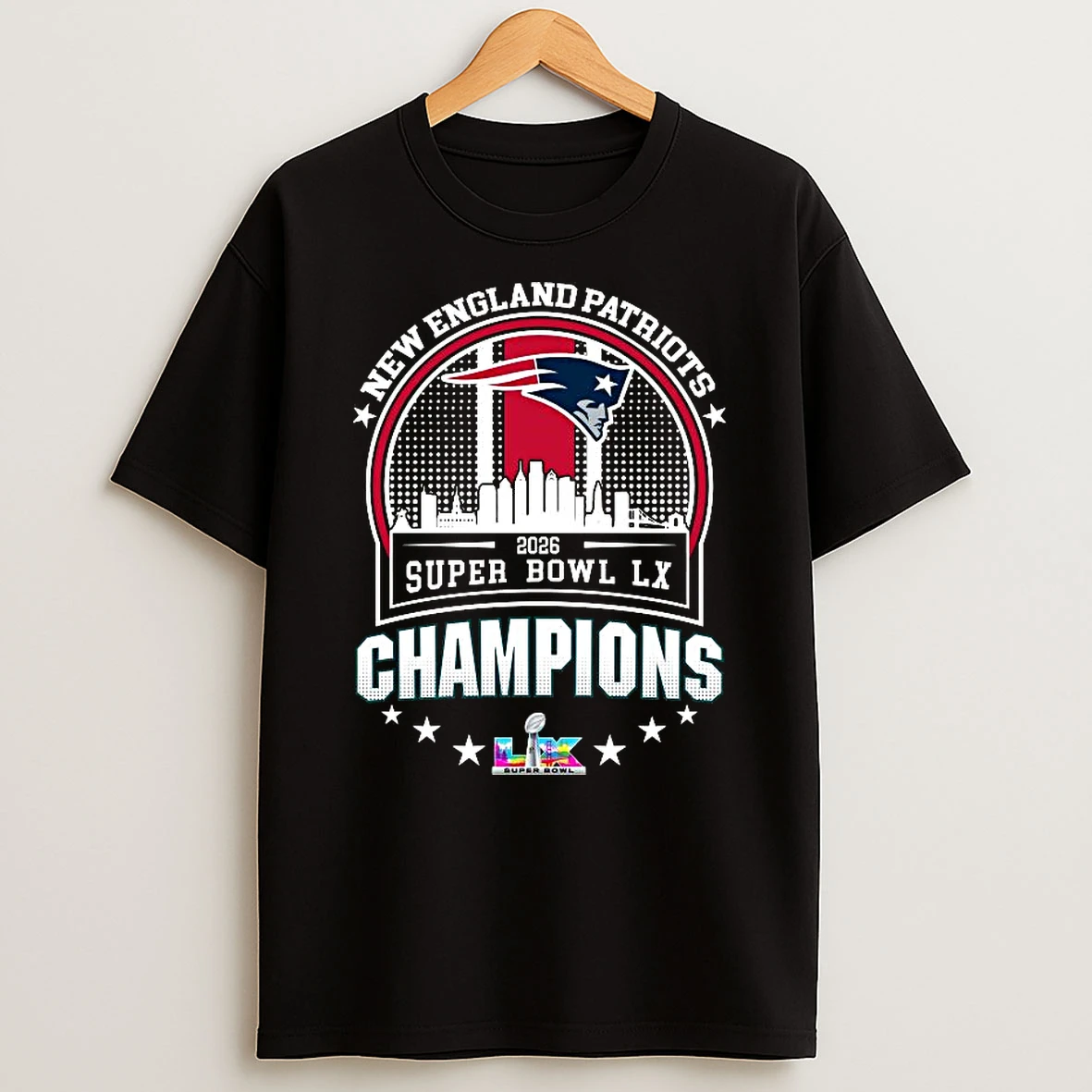 New England Patriots Super Bowl Lx 2025 Champions Matchup Skyline T Shirt