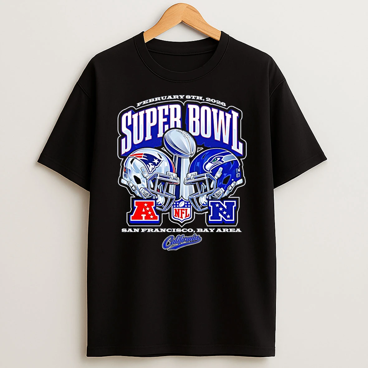 New England Patriots Vs Seattle Seahawks Football Helmet Feb 8th 2026 San Francisco Bay Area T Shirt