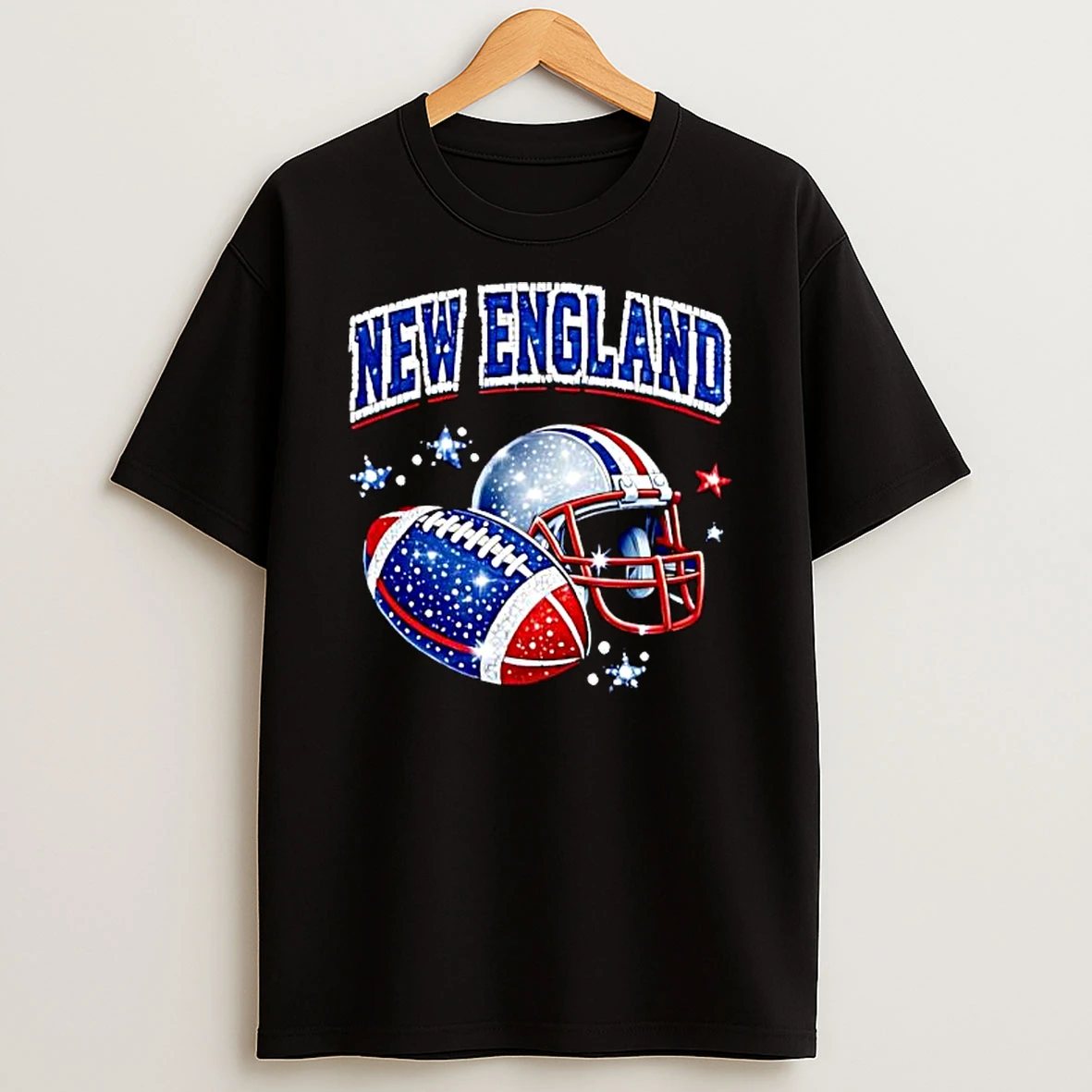 New England Sparkling Glitter Helmet And Football Stars T Shirt