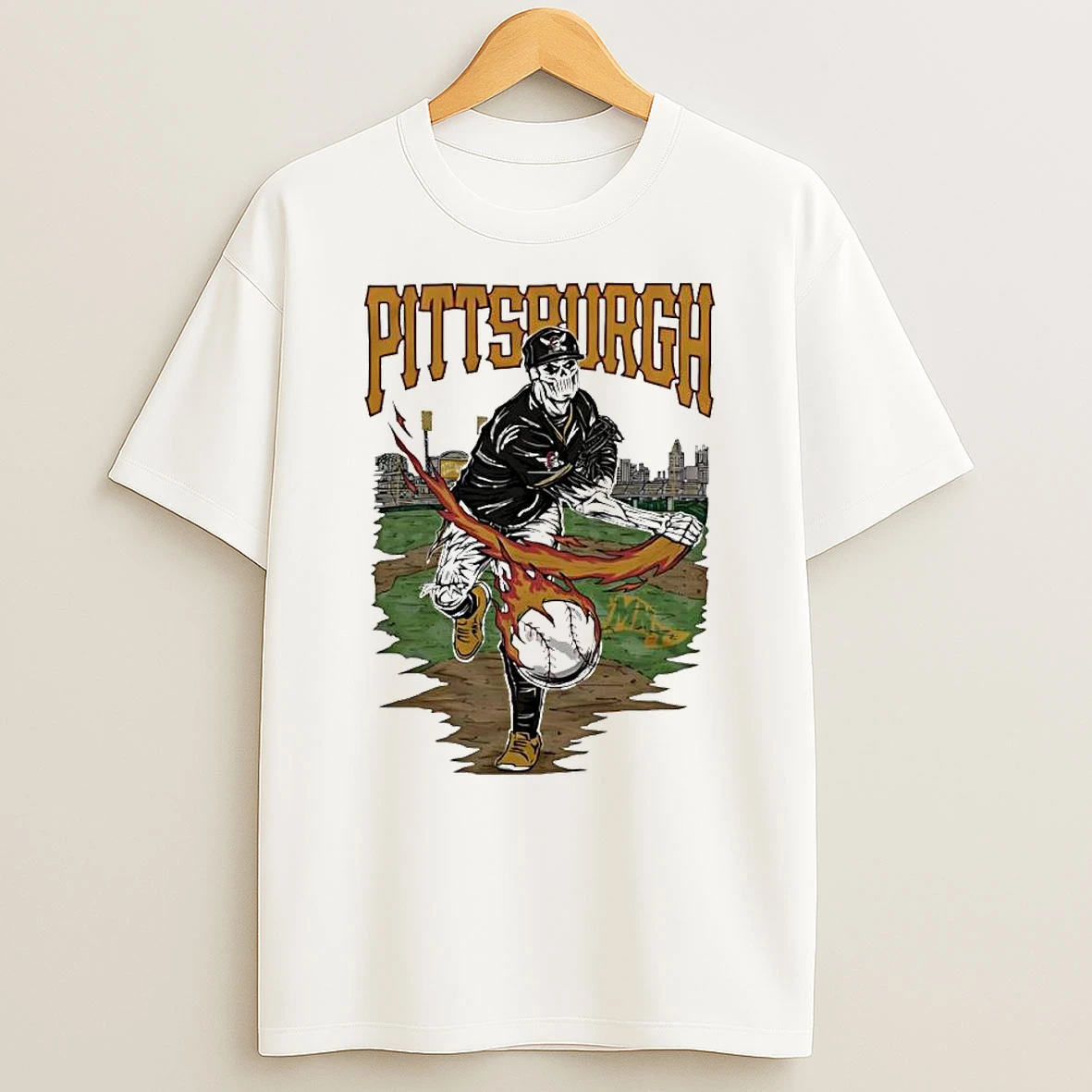 Pittsburgh Pirates Skeleton Pitcher Flaming Baseball T Shirt