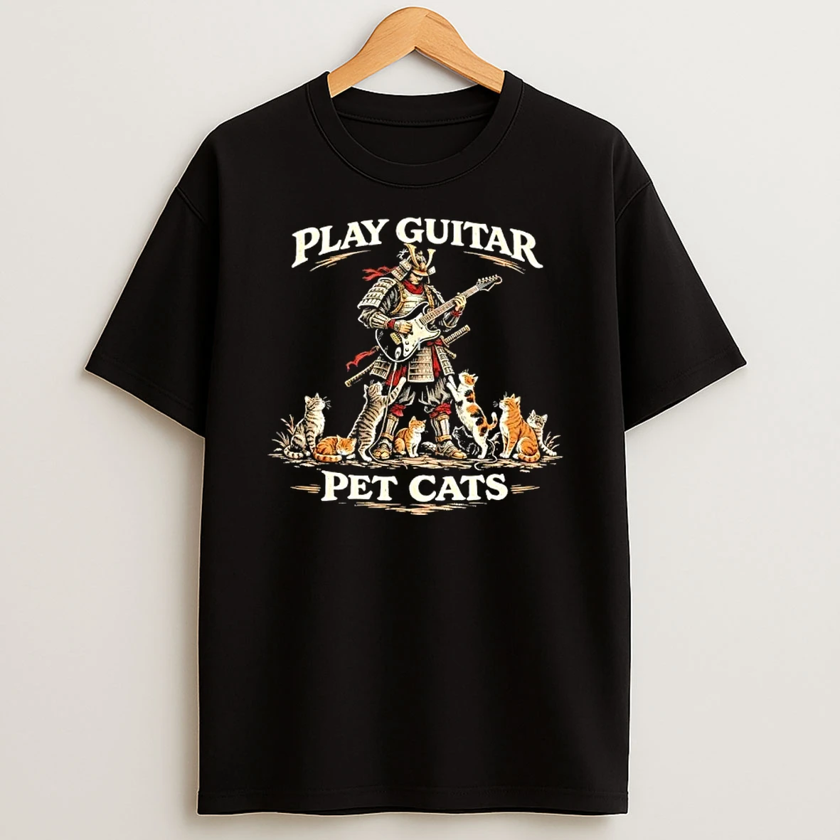 Play Guitar Samurai Pet Cats T Shirt