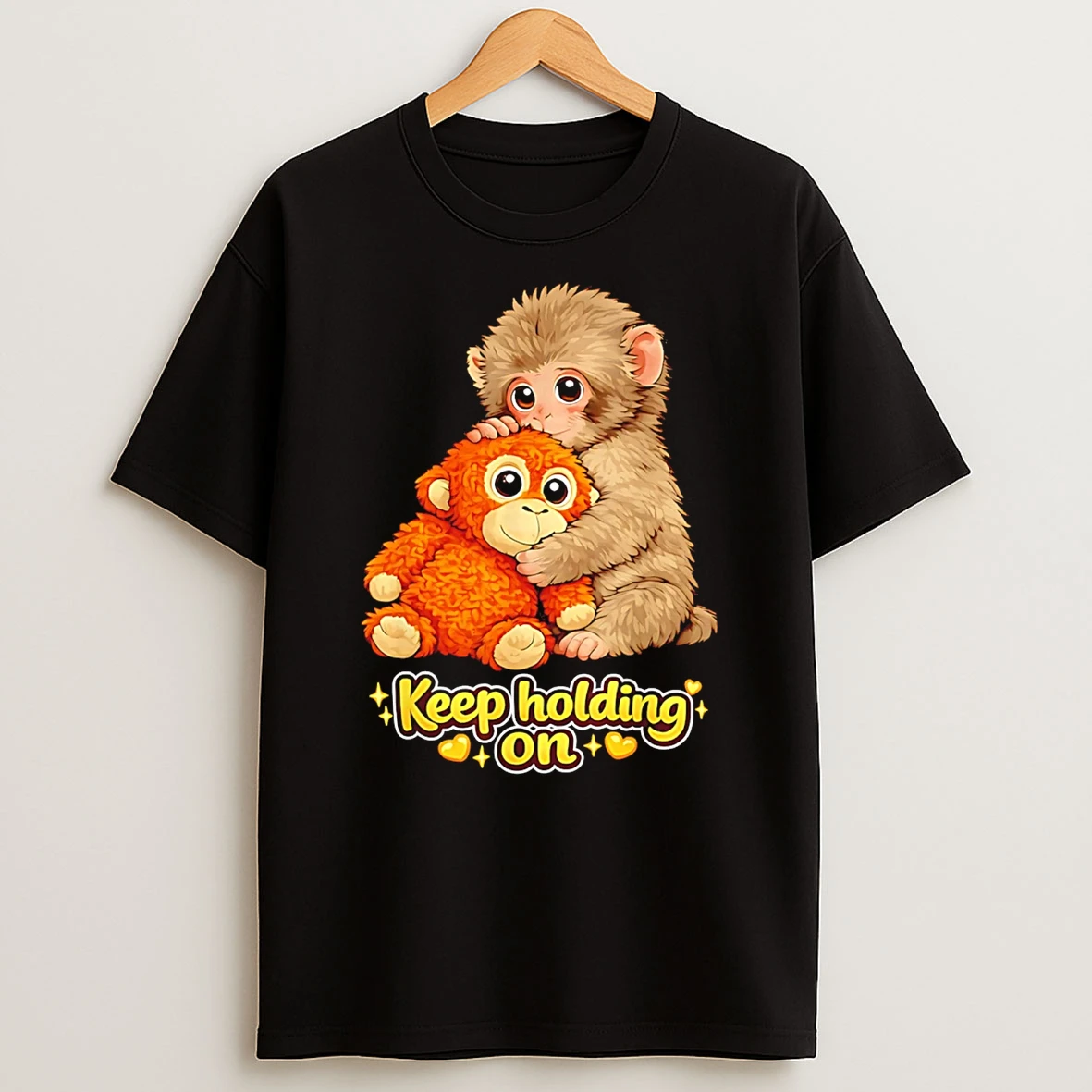 Punch Monkey Cuddling Teddy Bear Keep Holding On Cartoon T Shirt