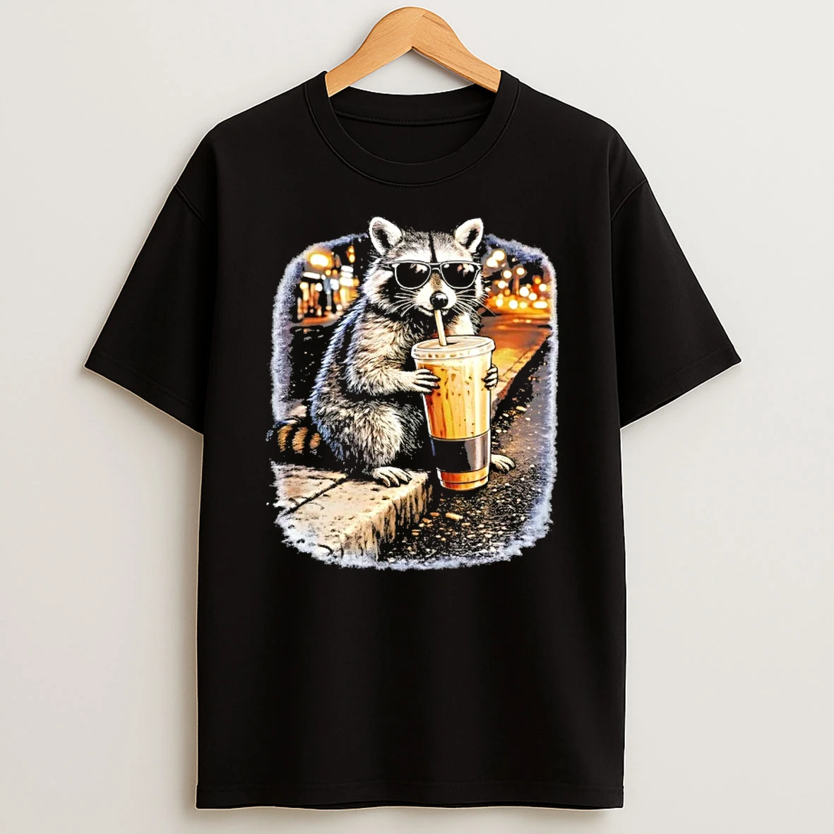 Raccoon Drinking Iced Coffee T Shirt