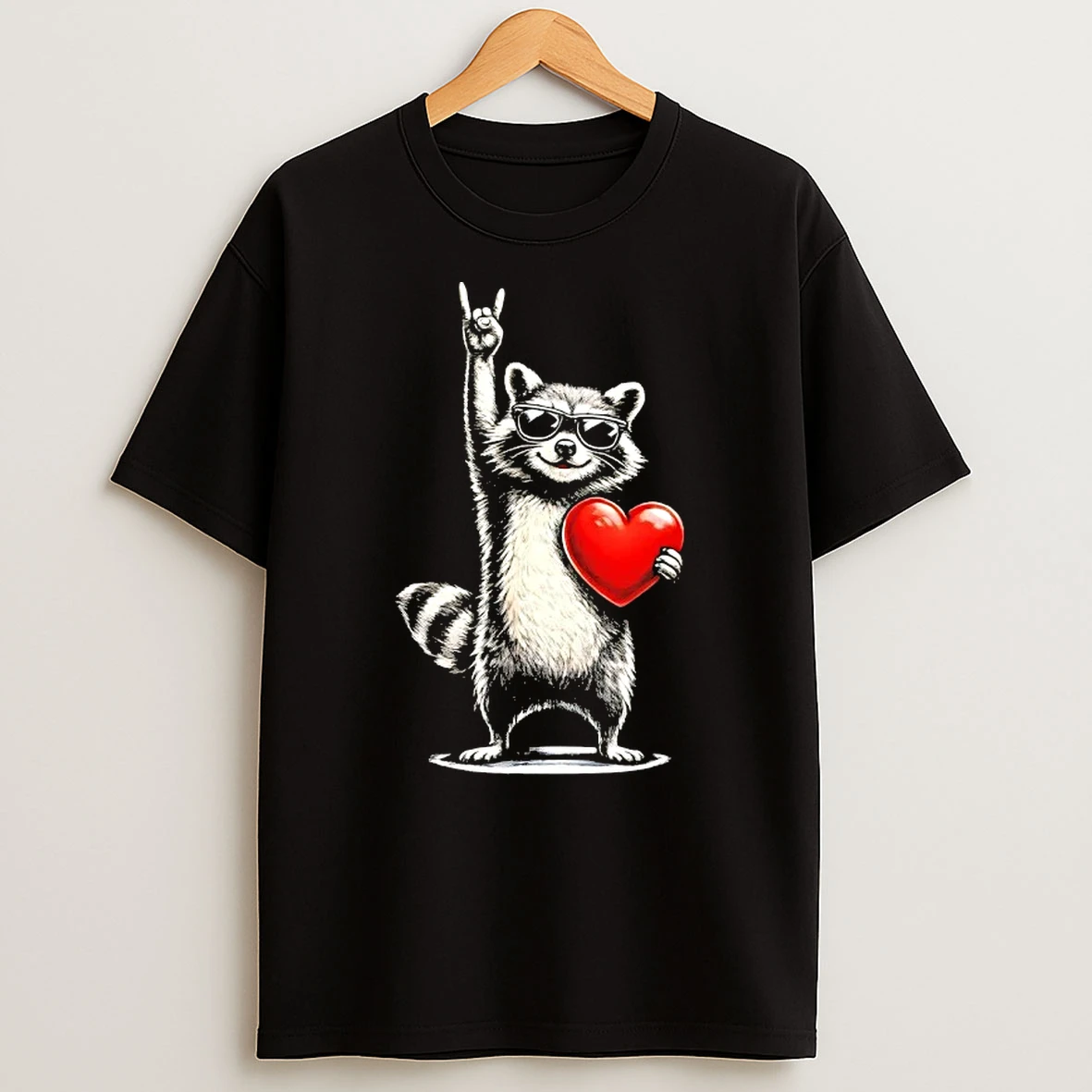 Raccoon Rock On Heart Valentines Day T Shirt