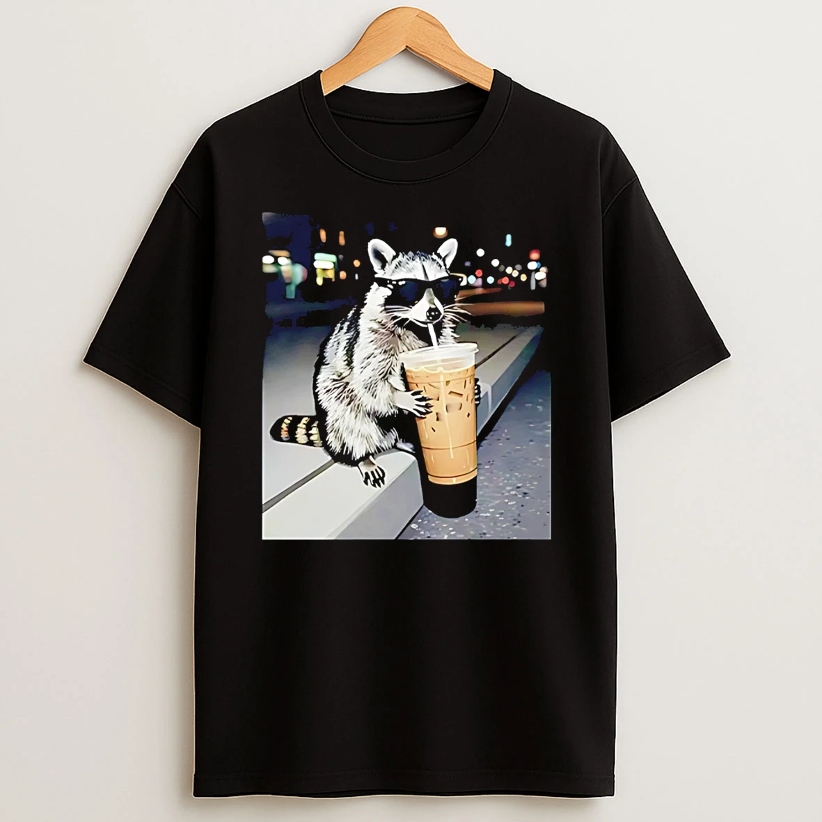 Raccoon Drinking Iced Coffee Photo T Shirt