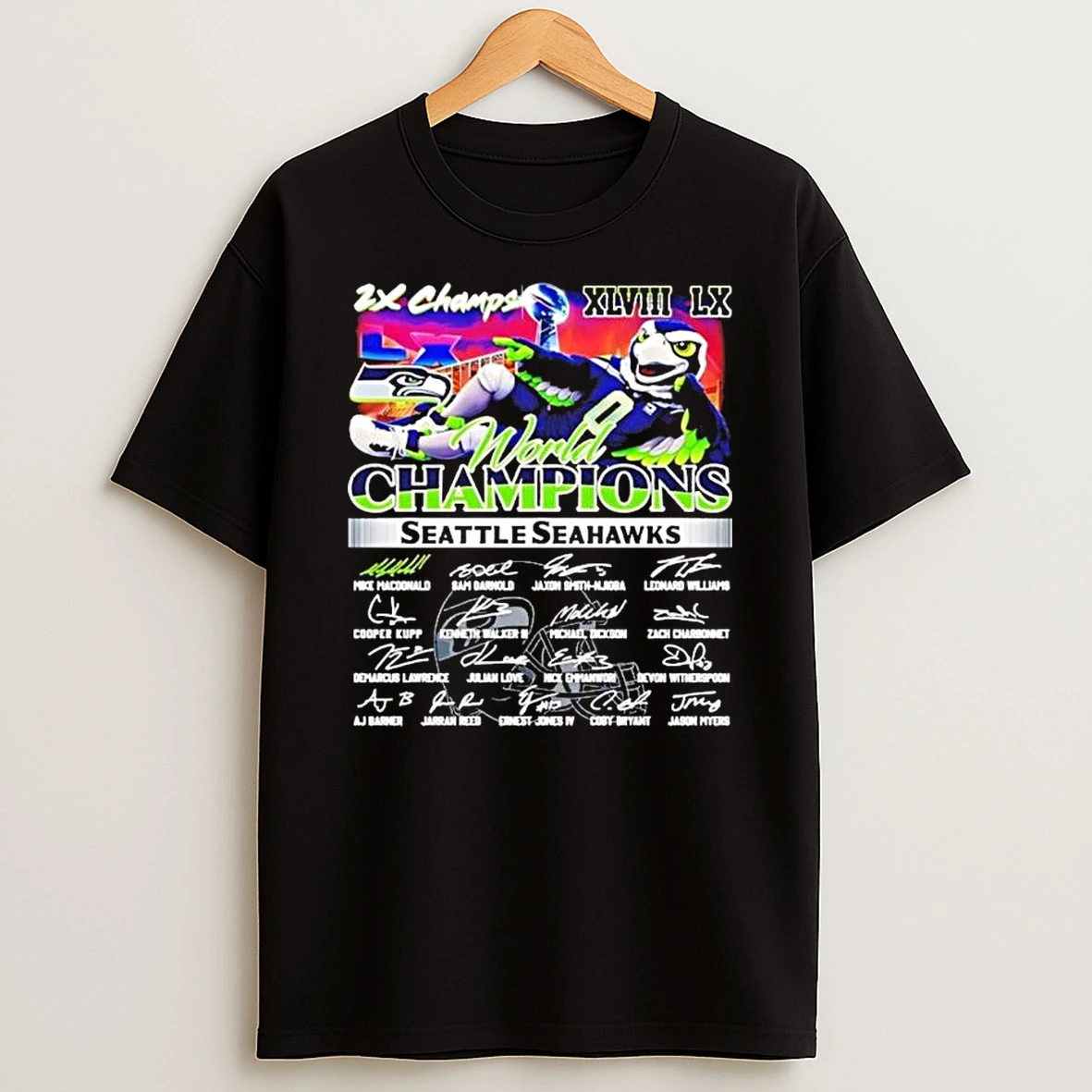 Seahawks 2x World Champions Super Bowl Xlviii And Lx Mascot Signatures T Shirt