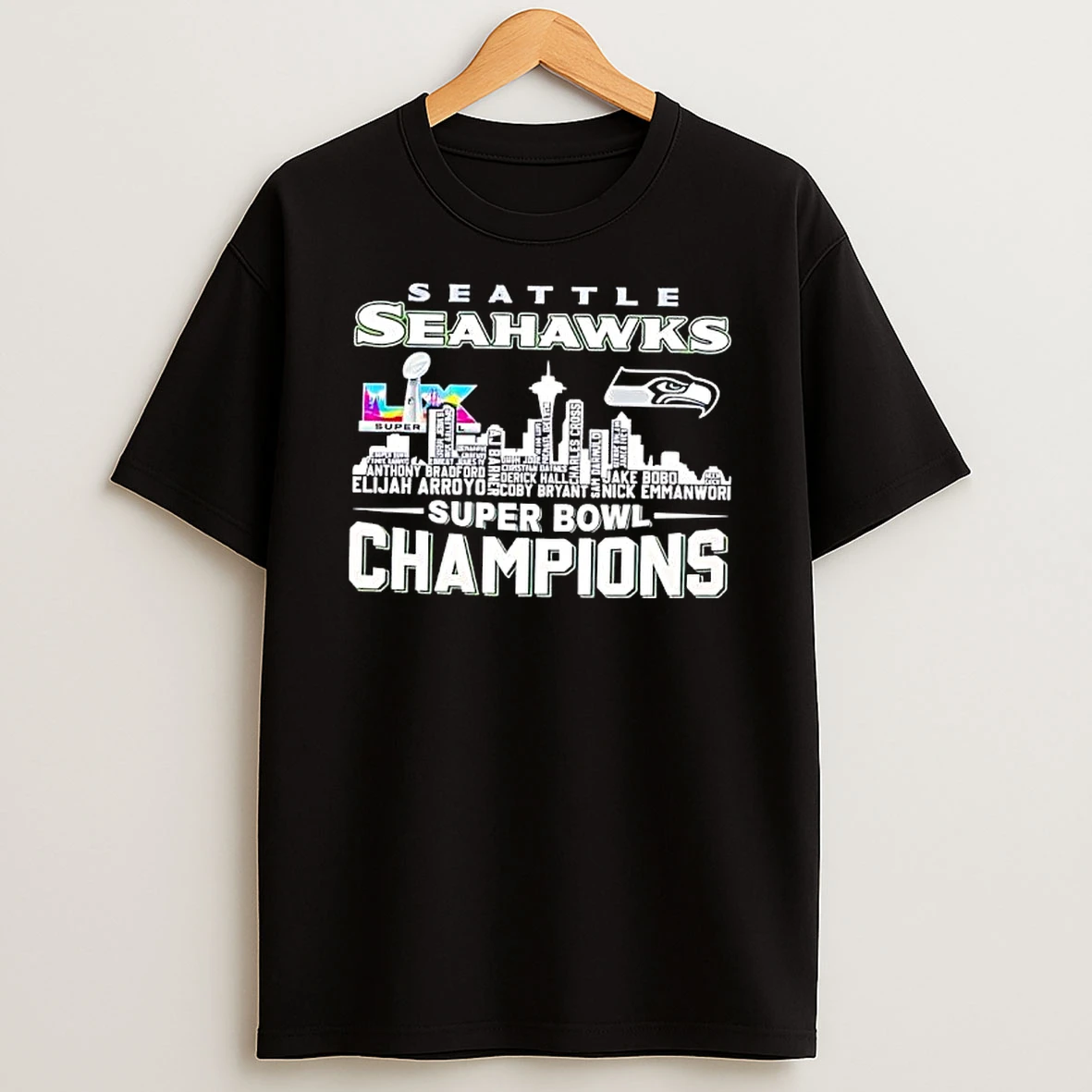 Seattle Seahawks 2026 Super Bowl Lx Champions Celebration Skyline Names Graphic T Shirt