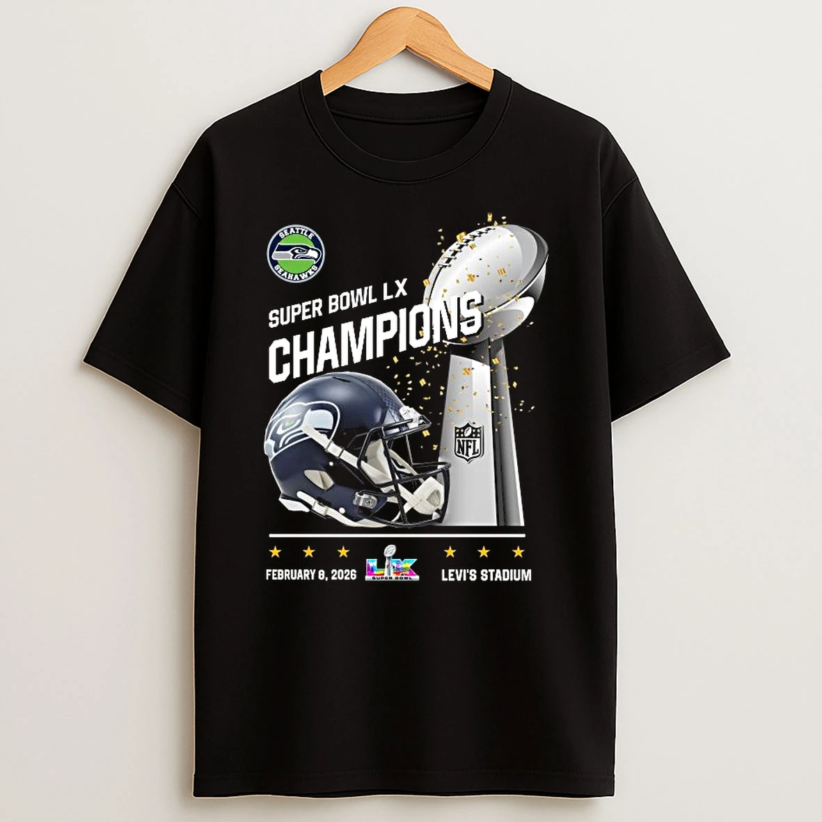 Seattle Seahawks 2026 Super Bowl Lx Champions Levis Stadium Trophy T Shirt