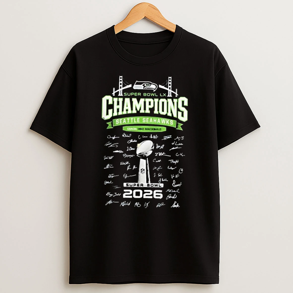 Seattle Seahawks 2026 Super Bowl Lx Champions Trophy Signatures T Shirt