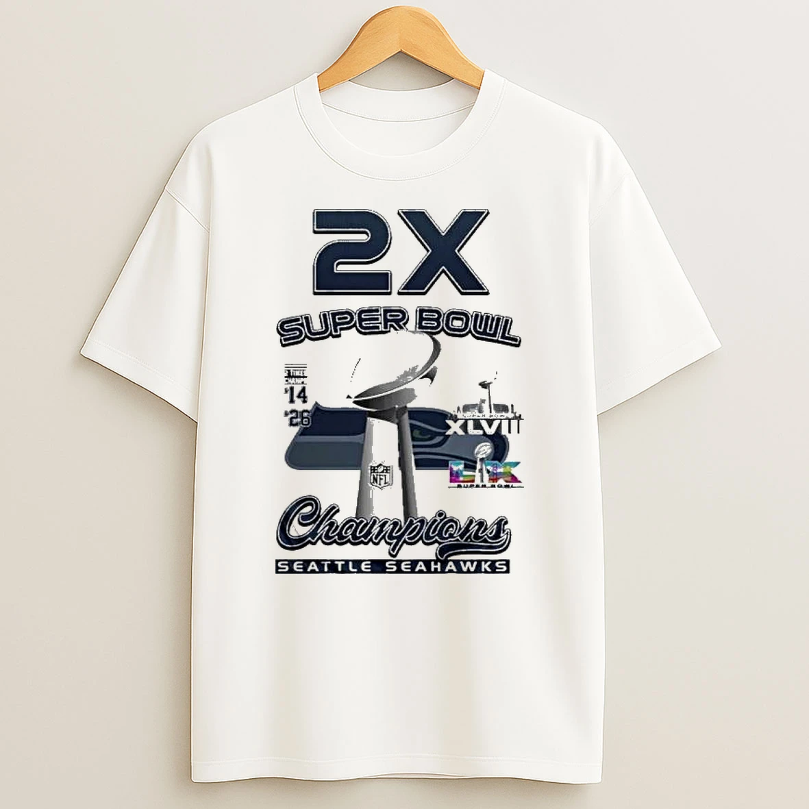 Seattle Seahawks 2x Super Bowl Champions 14 26 Trophy T Shirt