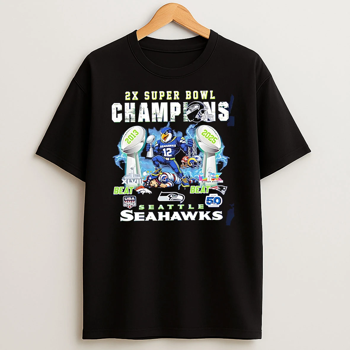 Seattle Seahawks 2x Super Bowl Champions 2025 Mascot T Shirt