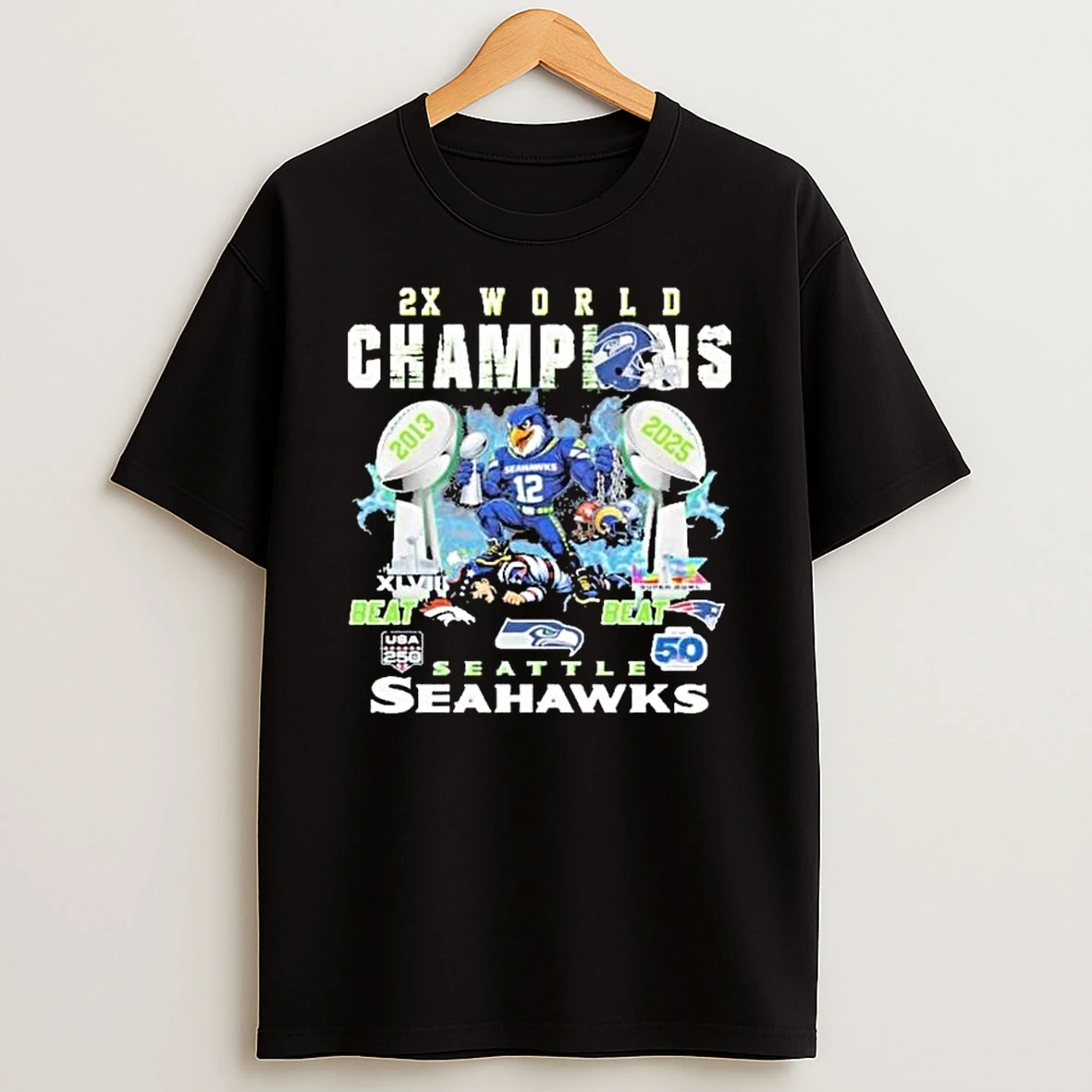Seattle Seahawks 2x World Champions Mascot T Shirt