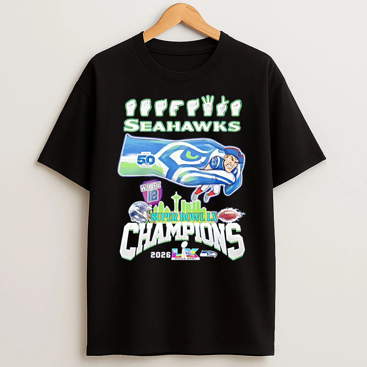 Seattle Seahawks Football Hand Sign Super Bowl Lx Champions 2026 Signatures T Shirt