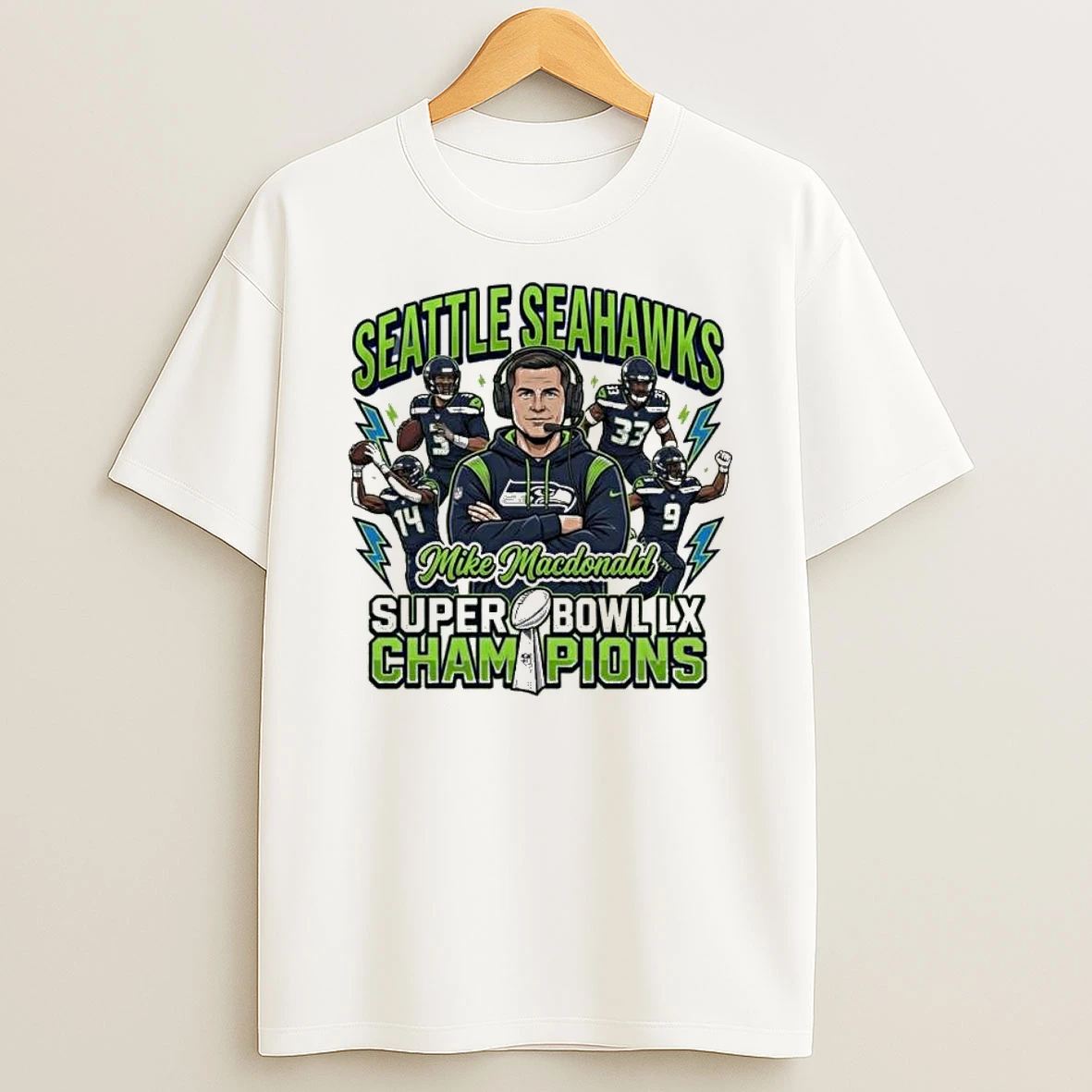 Seattle Seahawks Mike Macdonald Coach And Team Super Bowl Lx Champions 2025 T Shirt