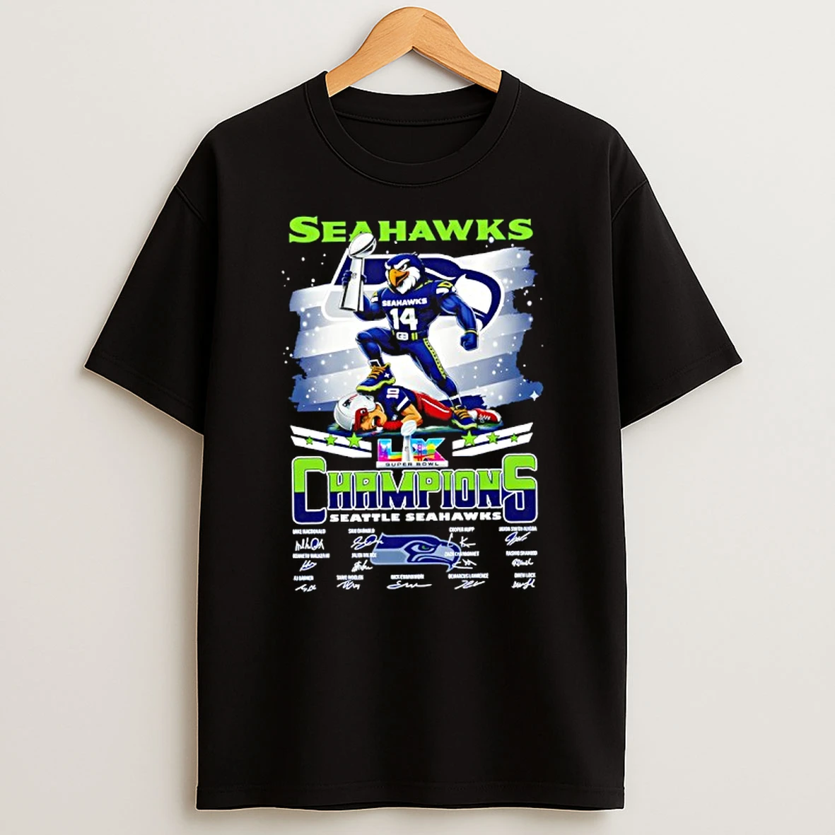 Seattle Seahawks Nfc West Champions 2025 Signatures Graphic Mascot T Shirt