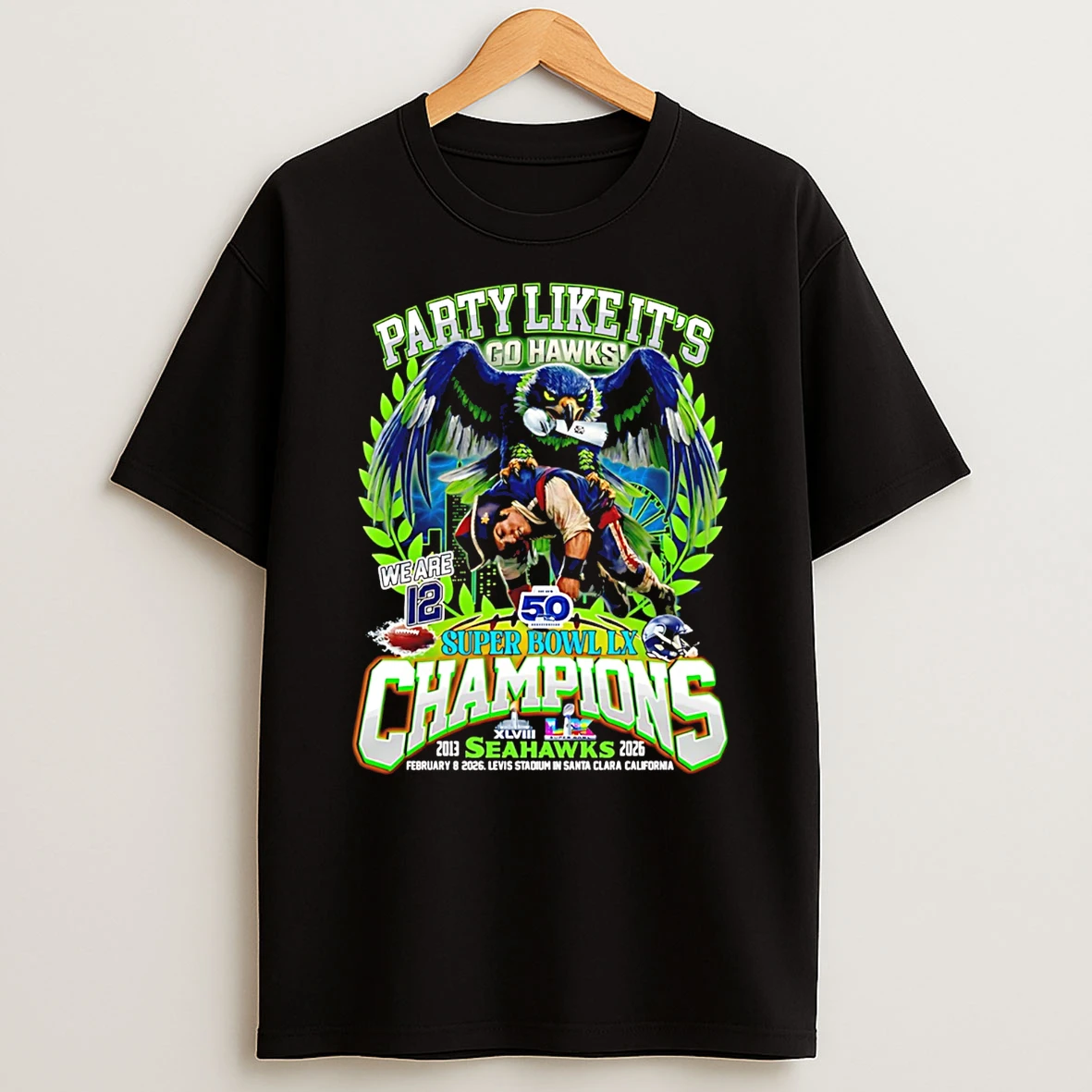 Seattle Seahawks Super Bowl 2x Champions 2013 2026 Mascot T Shirt