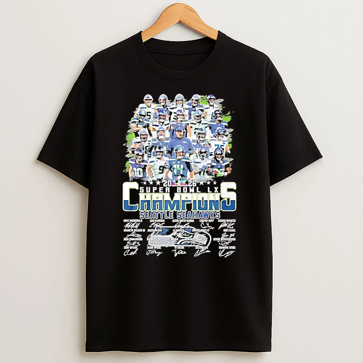 Seattle Seahawks Super Bowl 60 Champions 2026 Player And Coach Signatures T Shirt