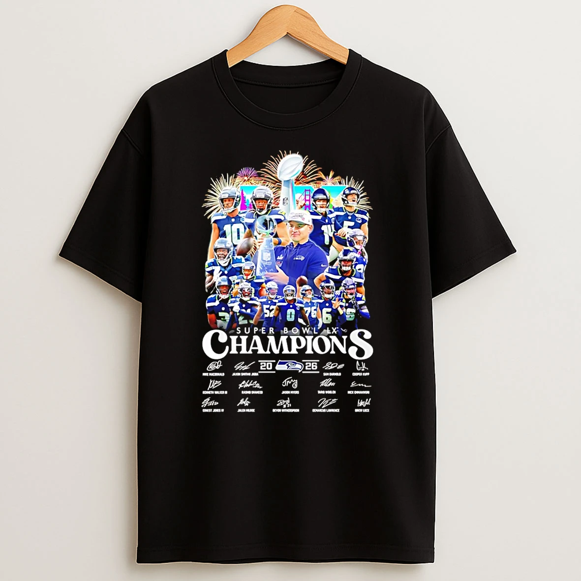 Seattle Seahawks Super Bowl Lx Champions Firework Signatures T Shirt