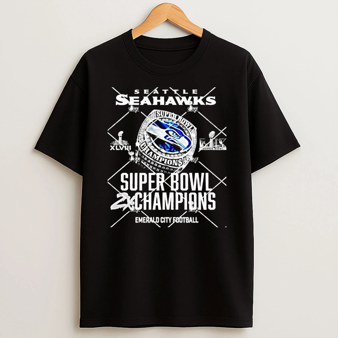 Seattle Seahawks Super Bowl Lx 2x Champions Emerald City Football Ring T Shirt
