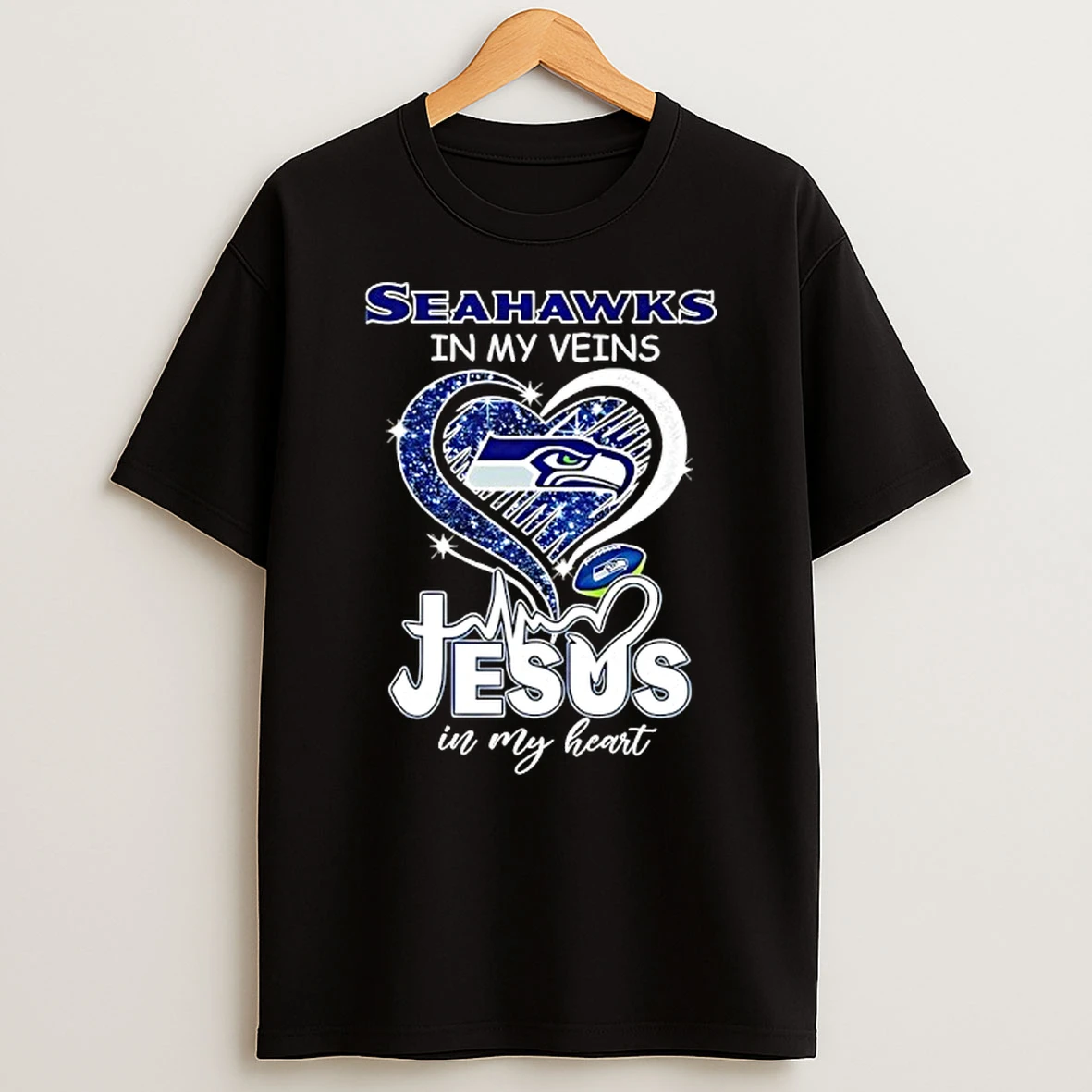 Seattle Seahawks In My Veins Jesus In My Heart Heart Diamond Logo T Shirt