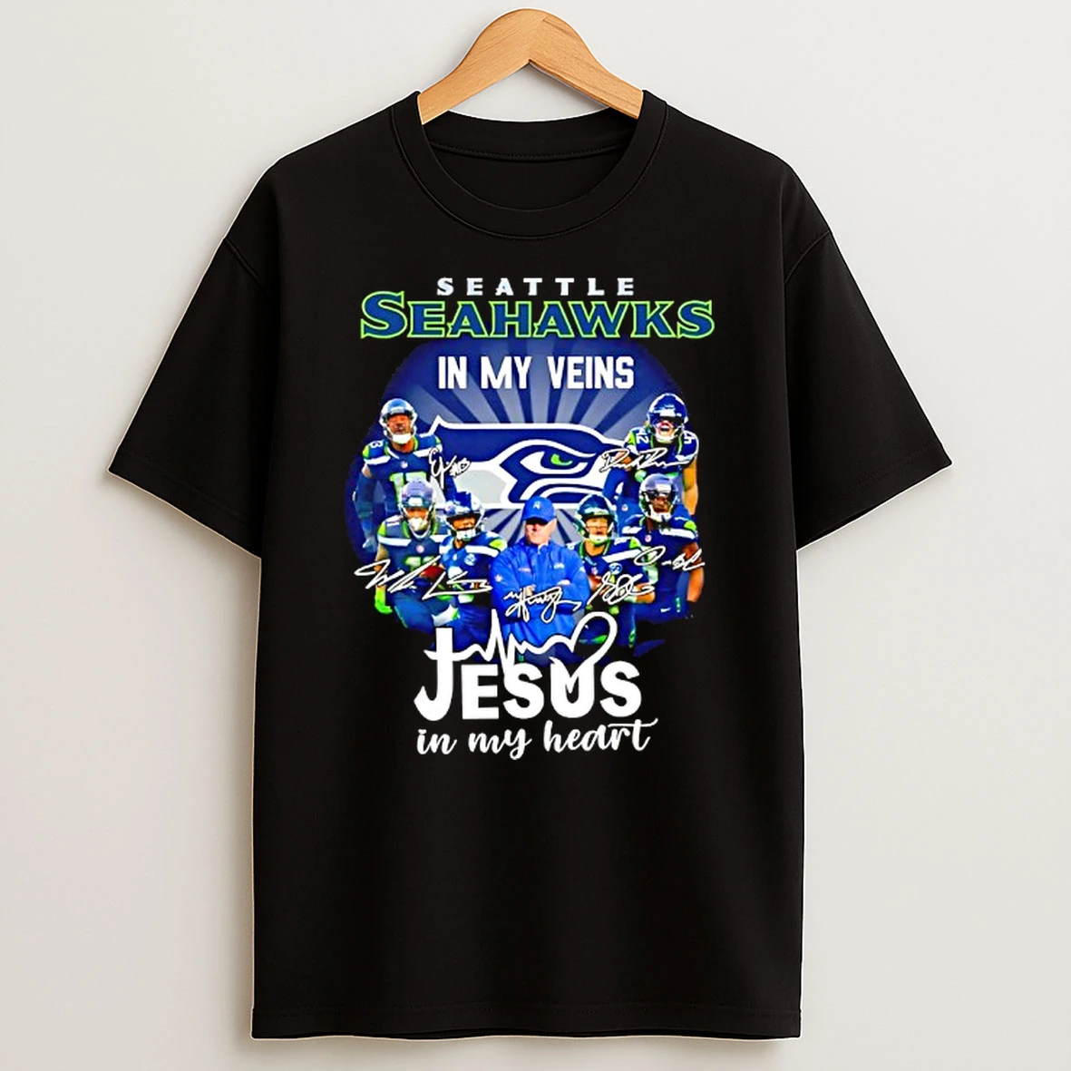 Seattle Seahawks In My Veins Jesus In My Heart Signatures Graphic T Shirt