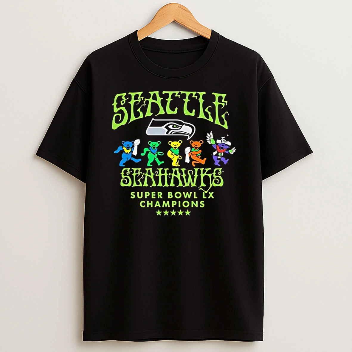 Seattle Seahawks X Grateful Dead Dancing Bears Super Bowl Lx Champions Logo T Shirt