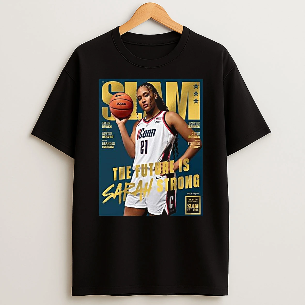 Slam 260 Sarah Strong Uconn Huskies The Future Is Sarah Strong Rising Star Magazine Cover Gold Metal T Shirt