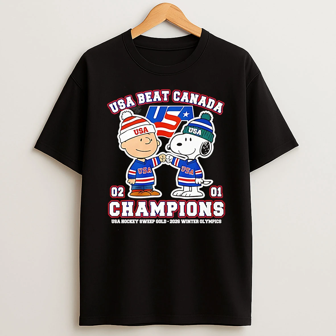 Snoopy Usa Beat Canada 2026 Usa Hockey Sweep Gold Winter Olympics Champions 2 1 T Shirt