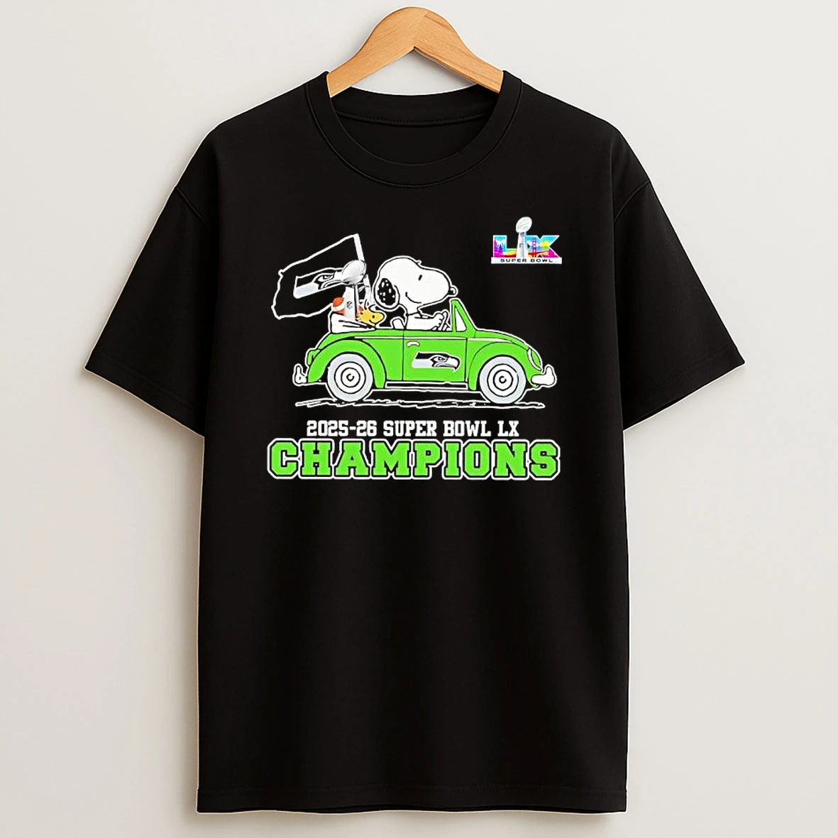 Snoopy And Woodstock Driving Car Seattle Seahawks Super Bowl Lx 2025 26 Champions T Shirt