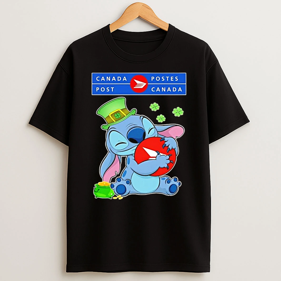 Stitch Hug Canada Postes Post Canada Logo Happy St Patricks Day T Shirt