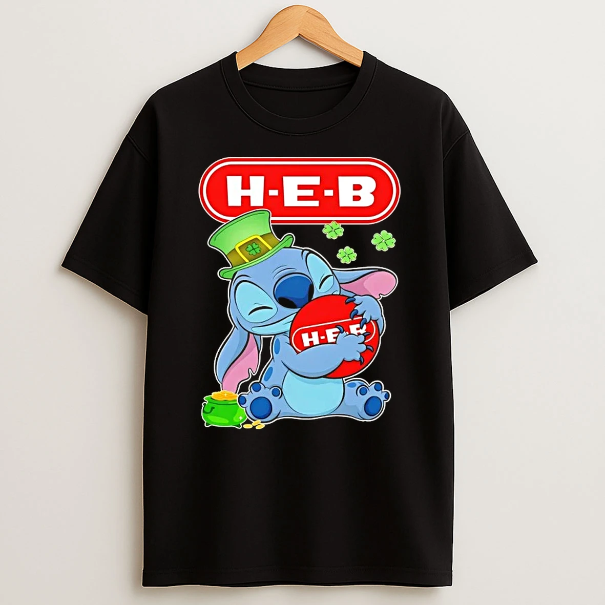 Stitch Hug H E B Logo Happy St Patricks Day T Shirt