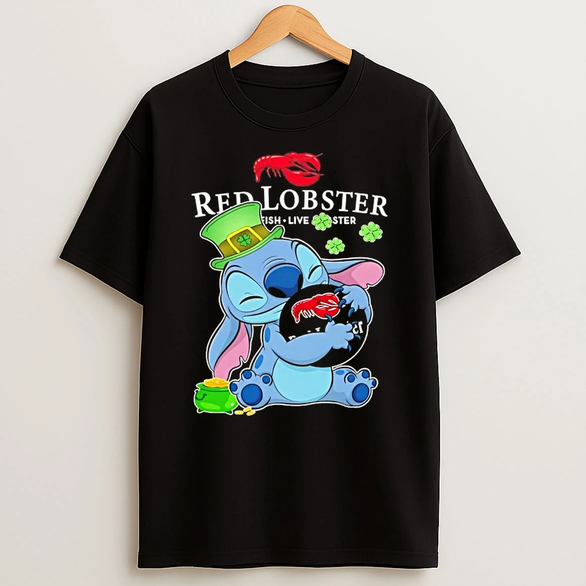Stitch Hug Red Lobster Logo Happy Patricks Day T Shirt