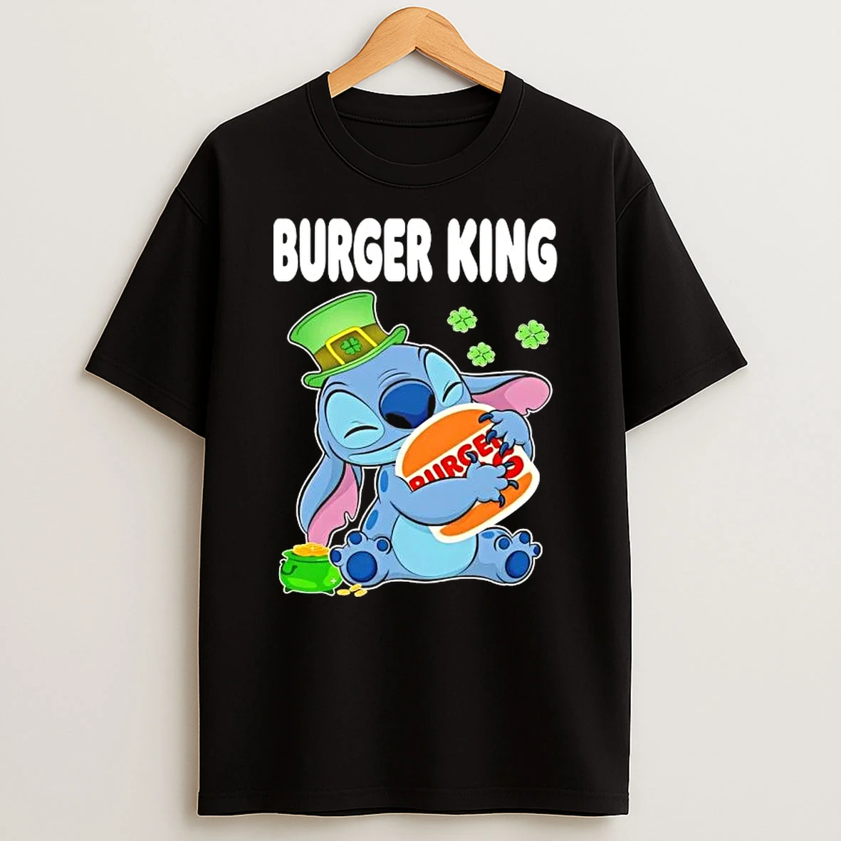 Stitch With St Patricks Hug Burger King Logo T Shirt