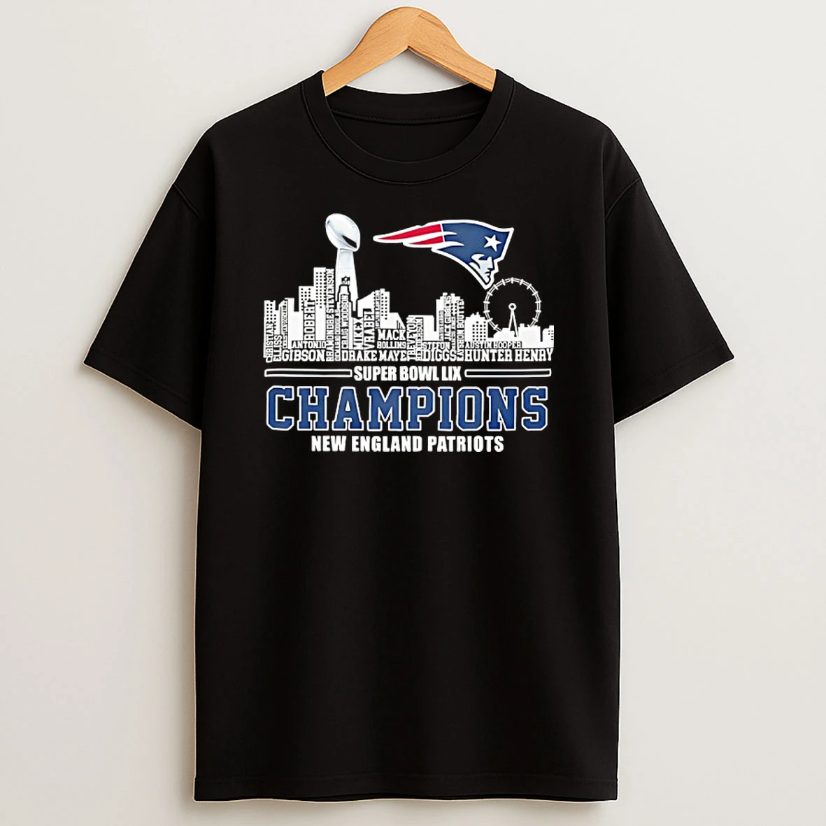 Super Bowl Lix Champions New England Patriots Skyline Roster Graphic Football T Shirt