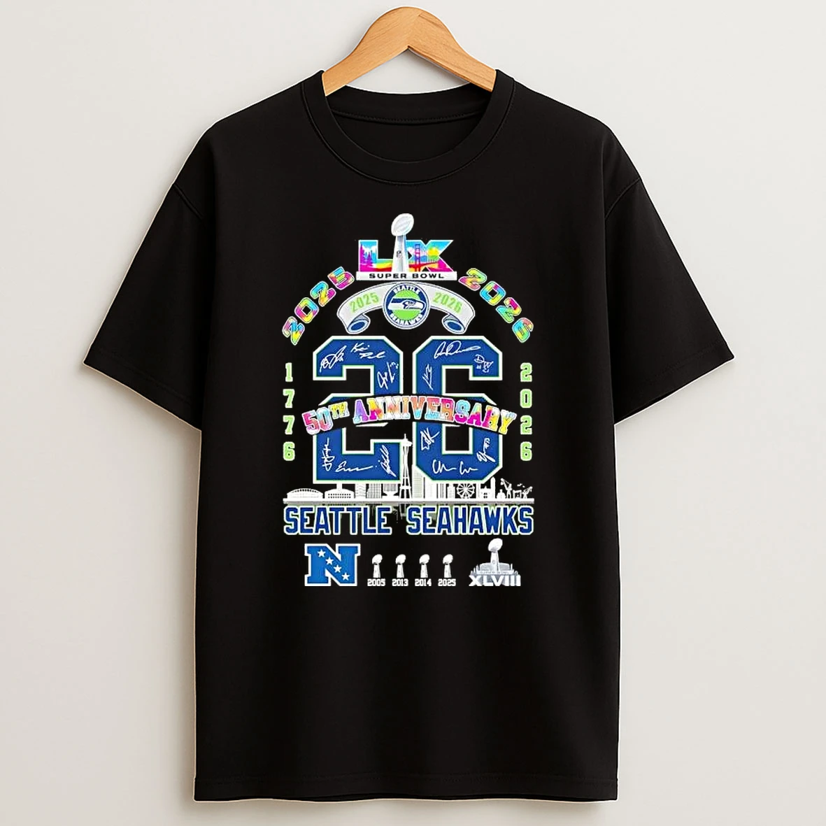 Super Bowl Lx 50th Anniversary 1776 2026 Seattle Seahawks All Signatures T Shirt