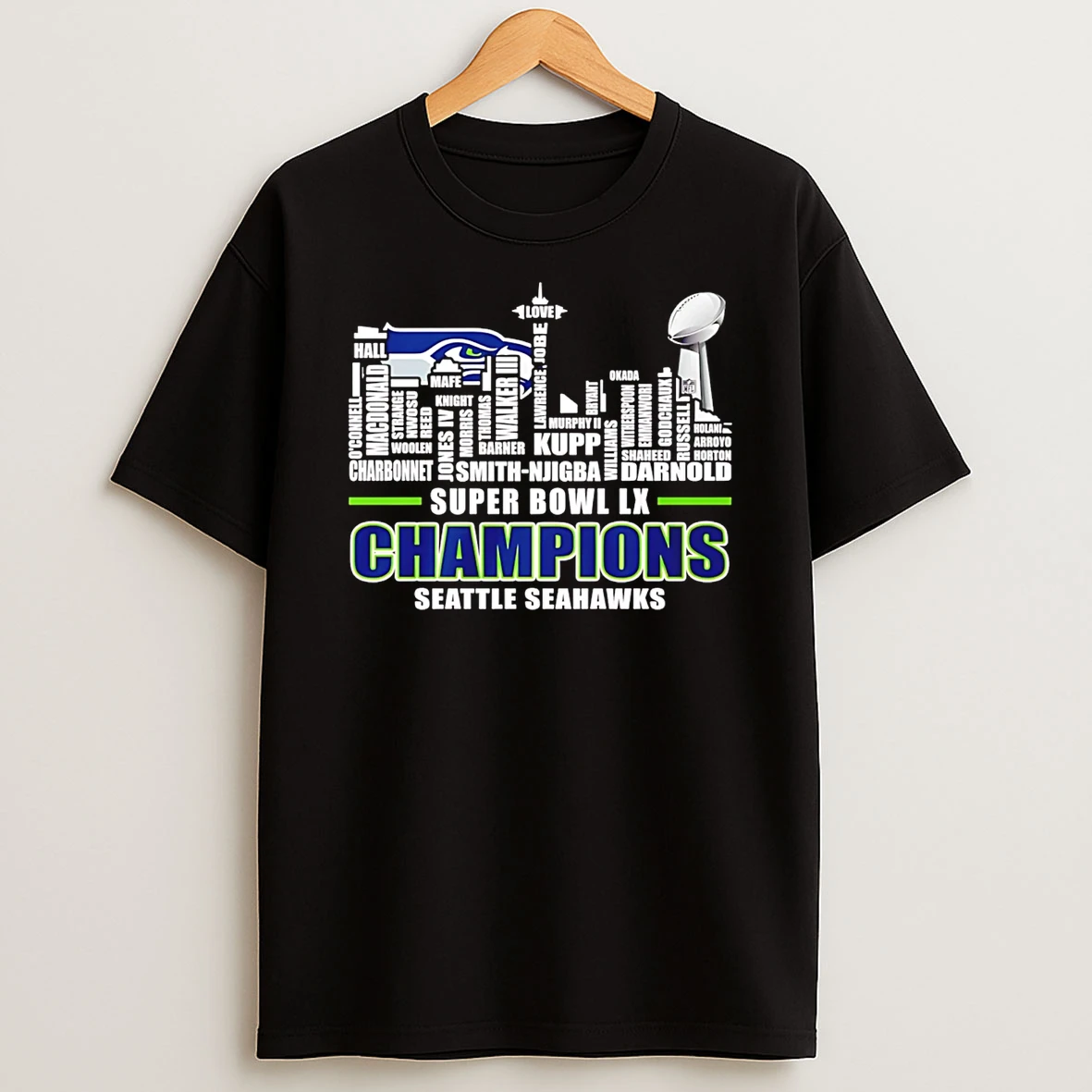 Super Bowl Lx Champions 2025 Seattle Seahawks Player Names City Skyline T Shirt