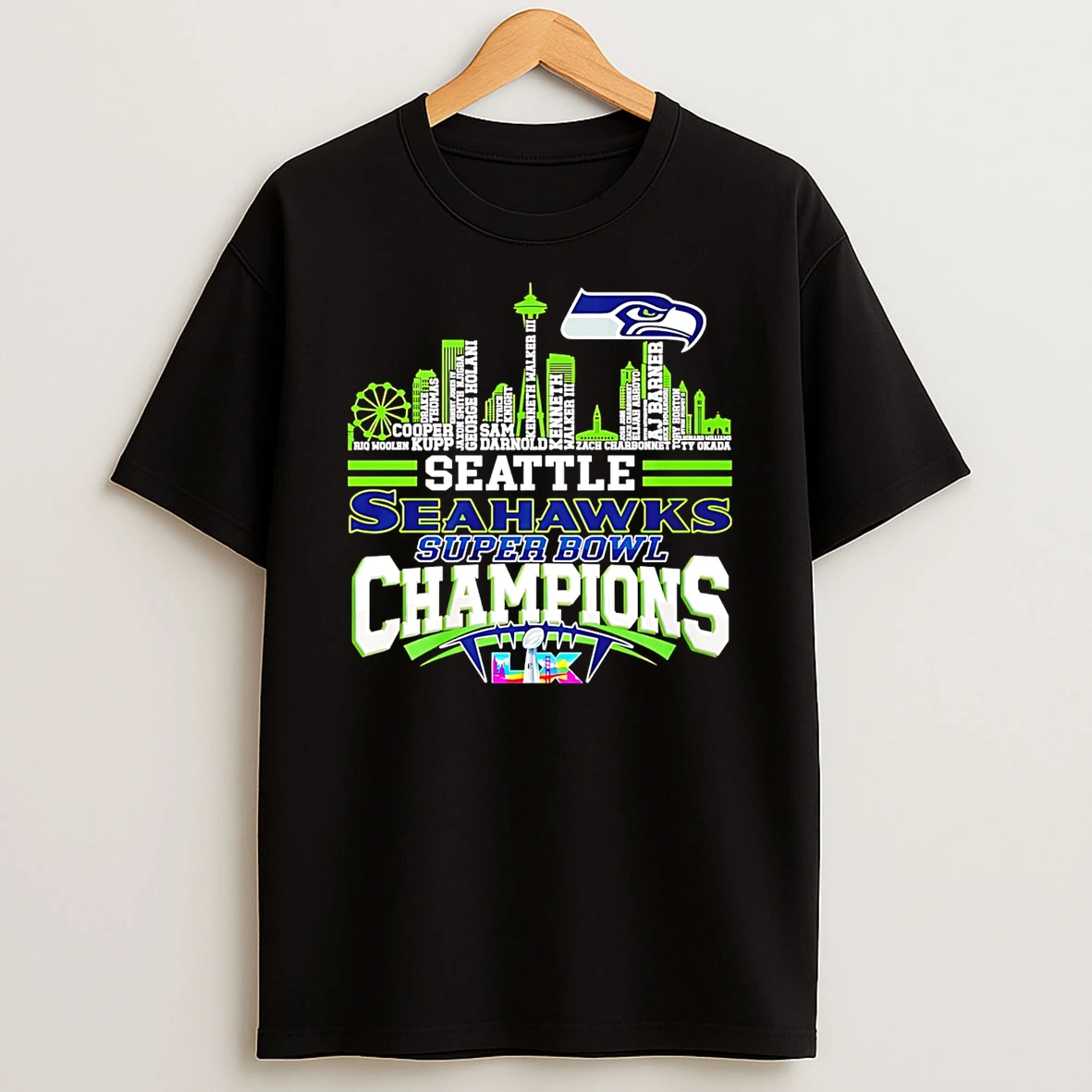 Super Bowl Lx Champions 2026 Seattle Seahawks Name City Skyline T Shirt