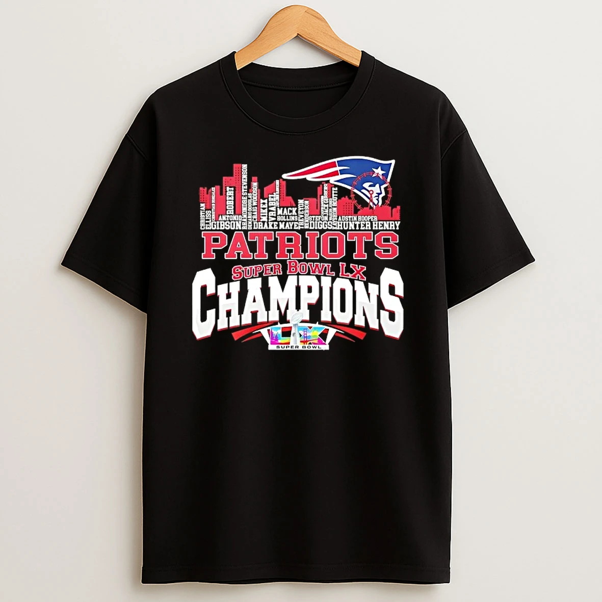 Super Bowl Lx Champions New England Patriots All Names City Skyline T Shirt