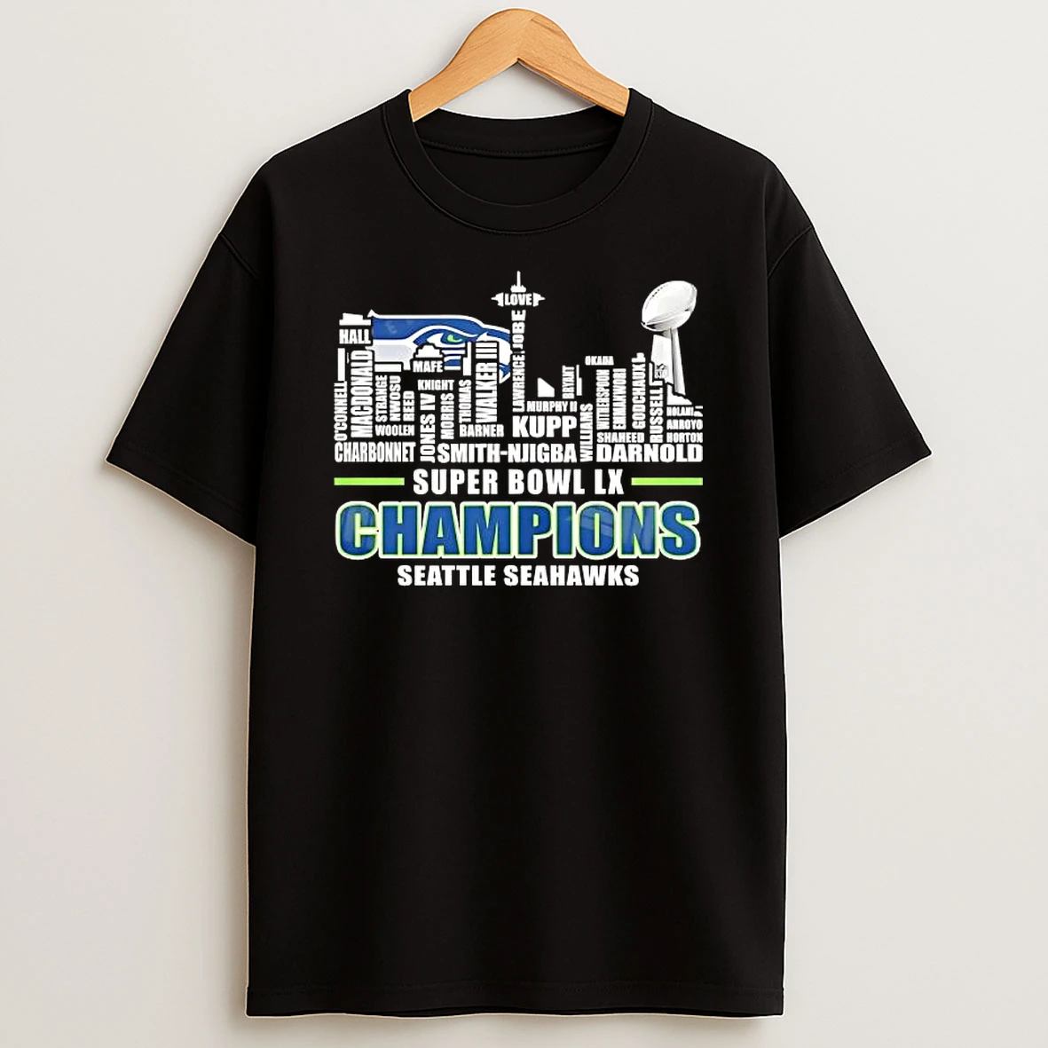 Super Bowl Lx Champions Trophy Seattle Seahawks All Names City Skyline T Shirt
