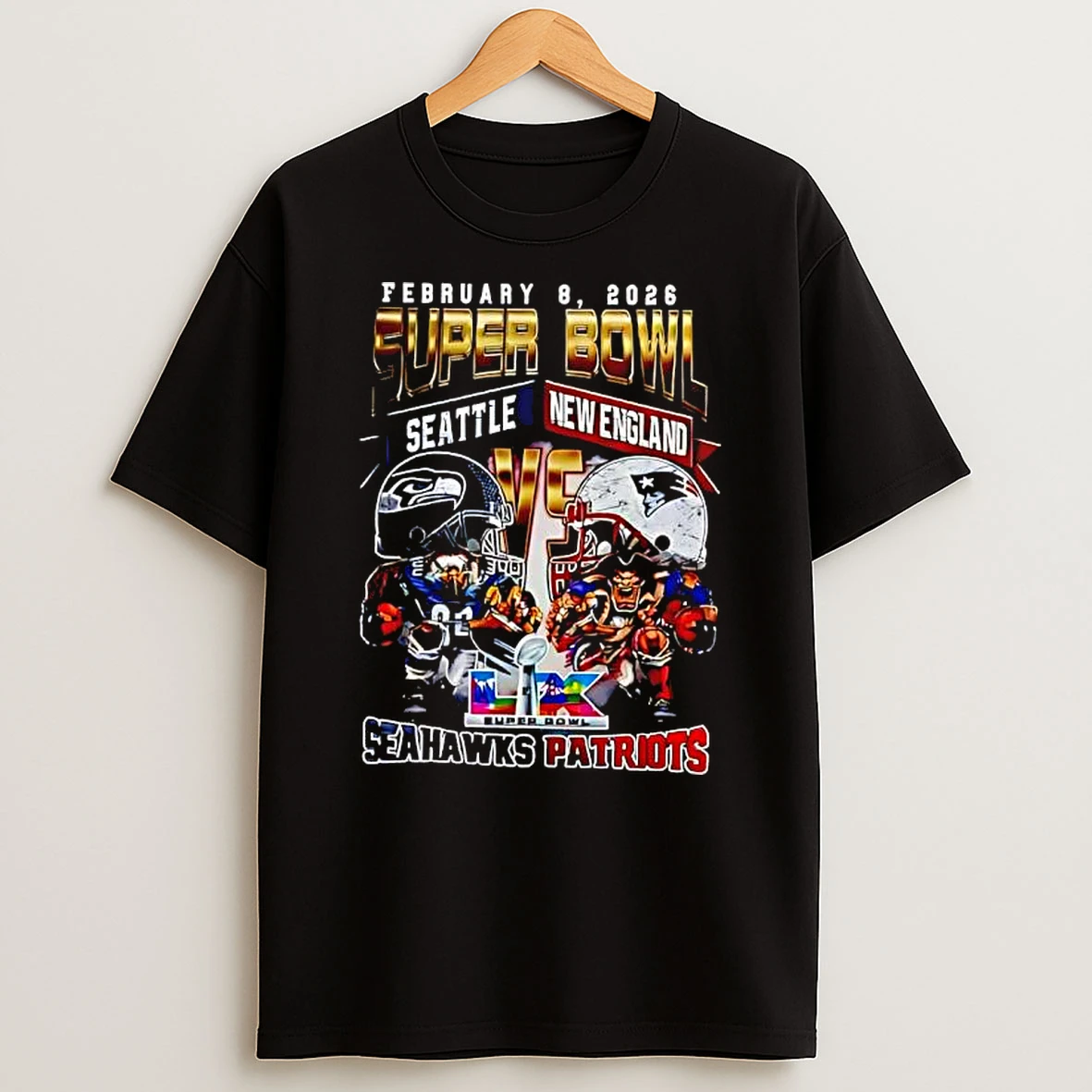 Super Bowl Lx Features Seattle Seahawks Vs New England Patriots Feb 8th 2026 Graphic T Shirt