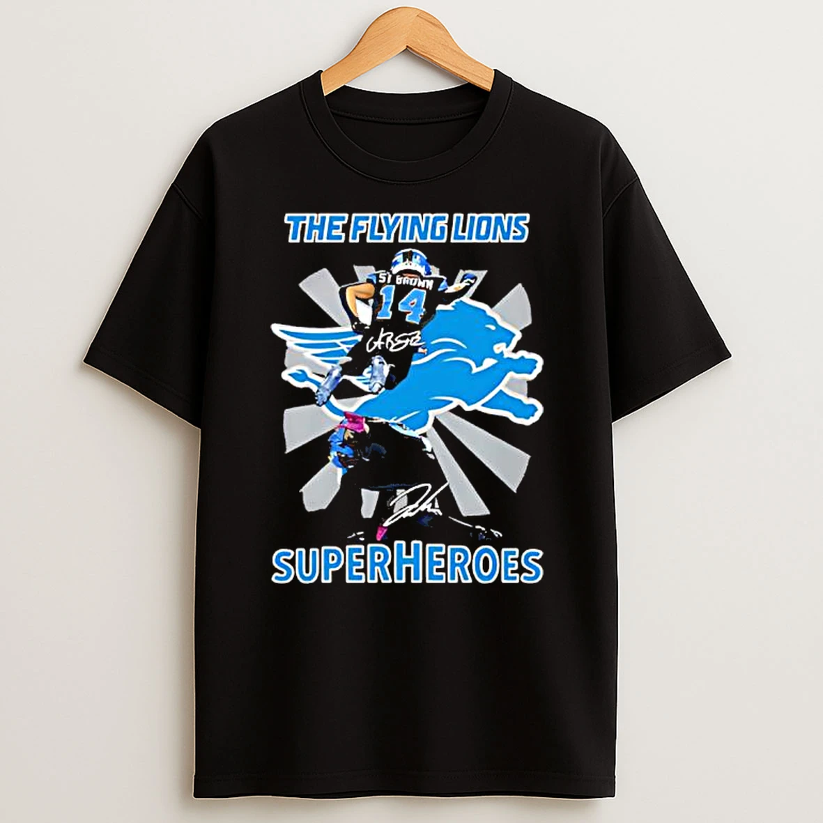 The Flying Detroit Lions Super Heroes Amon Ra St Brown And Jahmyr Gibbs Signature Graphic T Shirt