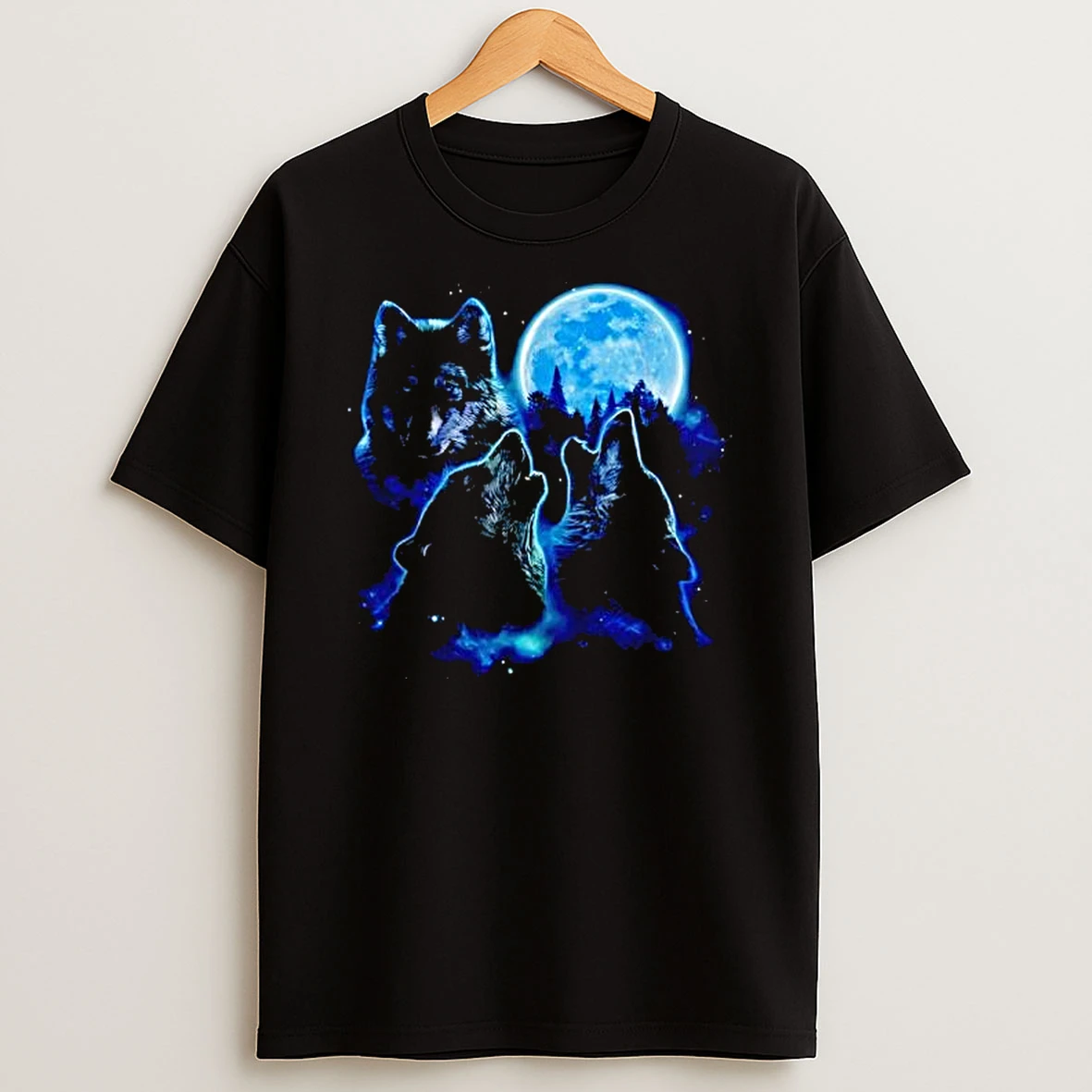 Three Wolves Howling Under Icy Full Moon Graphic T Shirt